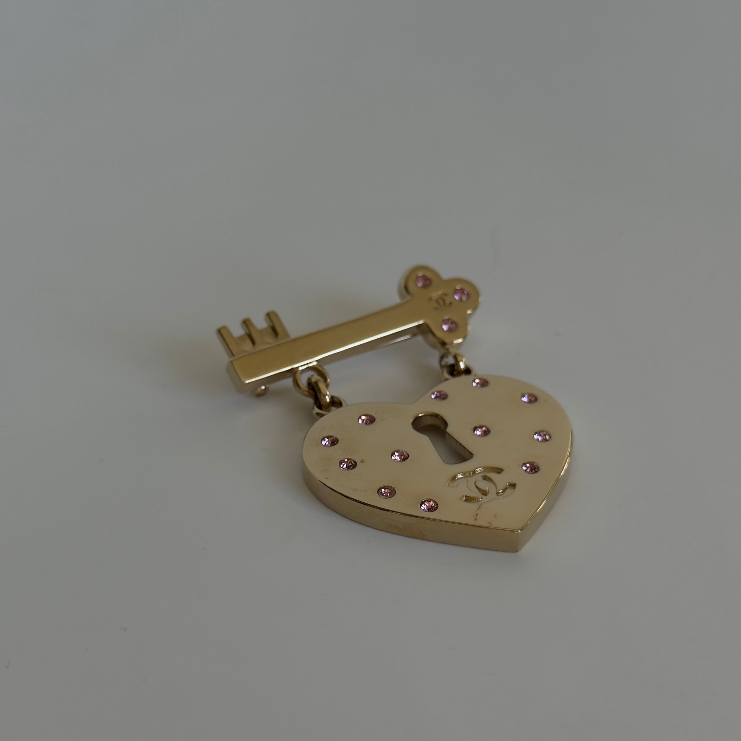 Chanel 2002 Rhinestone Embellished Heart Key Brooch