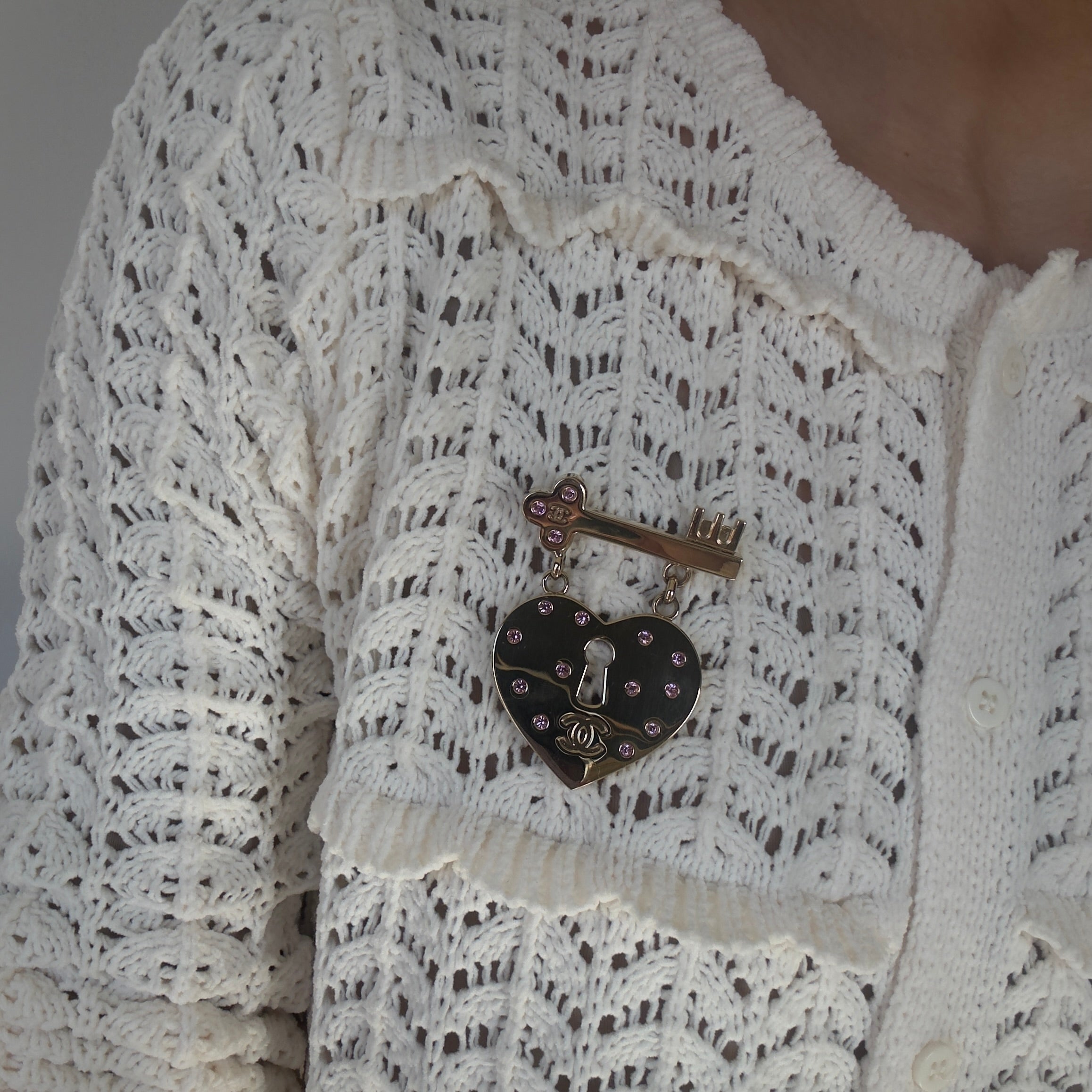 Chanel 2002 Rhinestone Embellished Heart Key Brooch