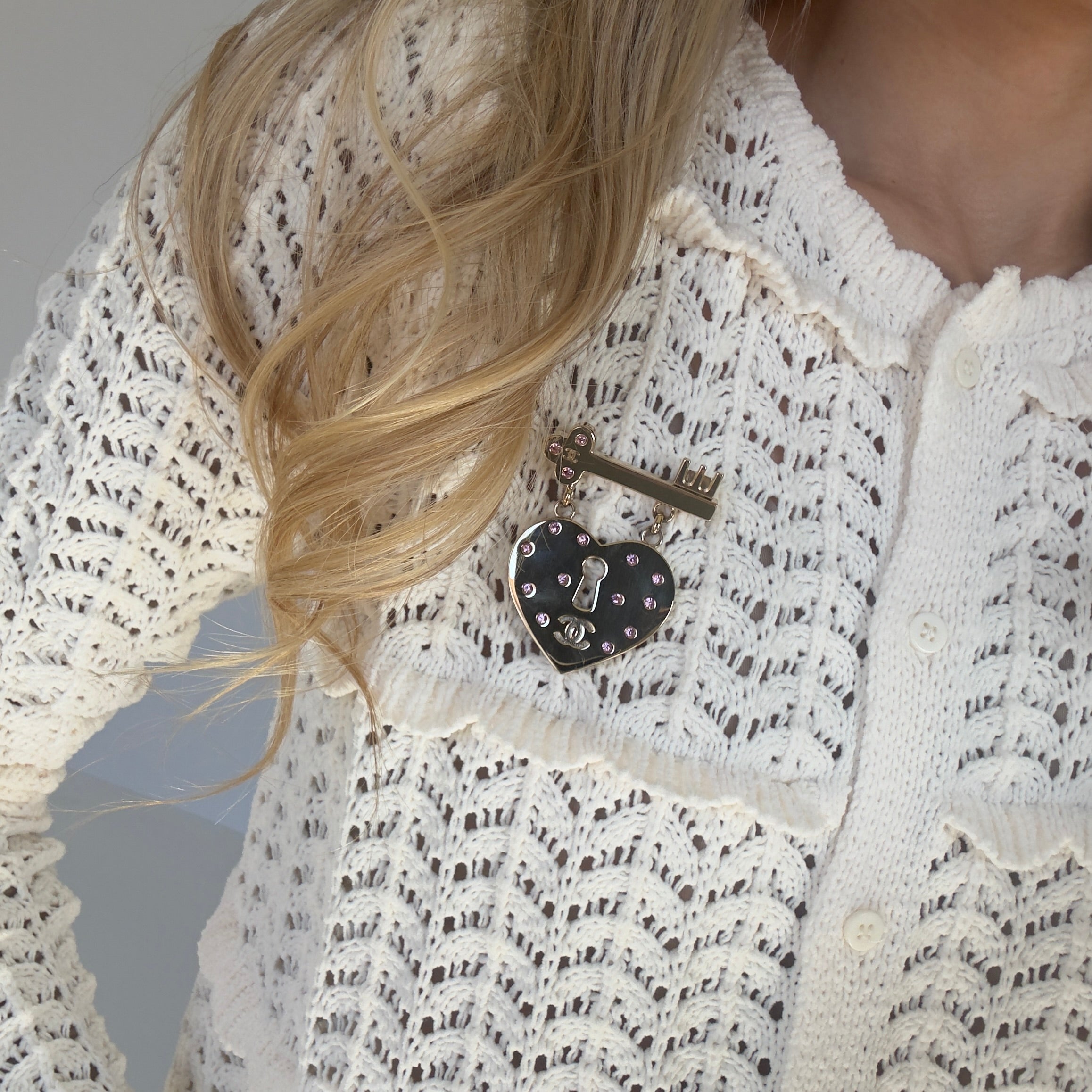 Chanel 2002 Rhinestone Embellished Heart Key Brooch