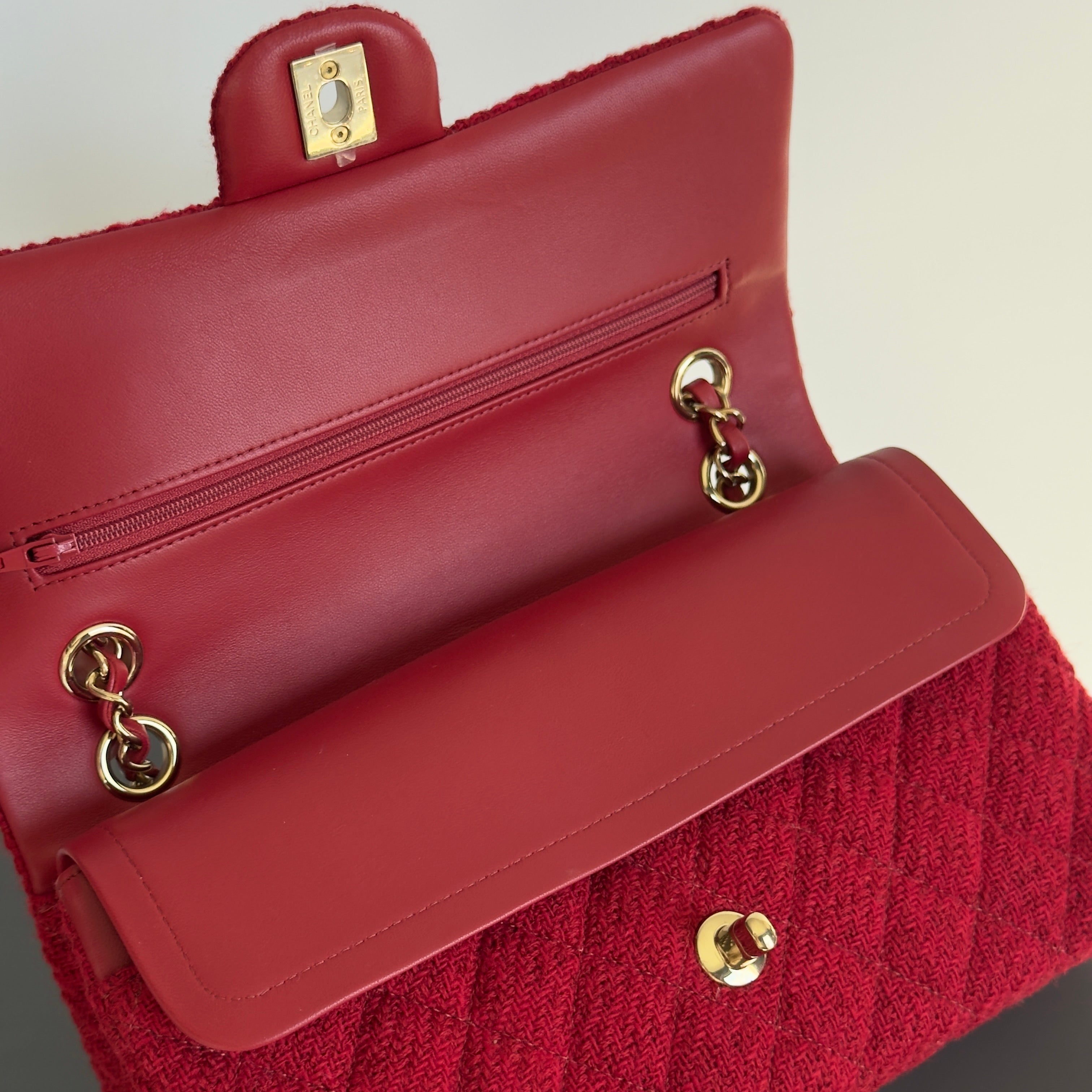 Chanel Red Wool & Tweed Medium Double Flap Bag