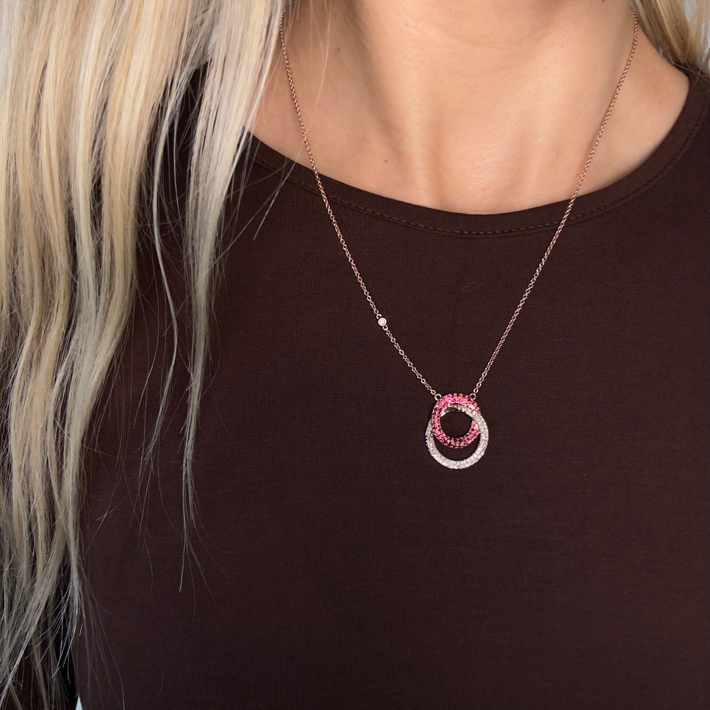 14K Rose Gold Ruby Diamond Interlocking Circle Pendant Necklace - Replica Handbags