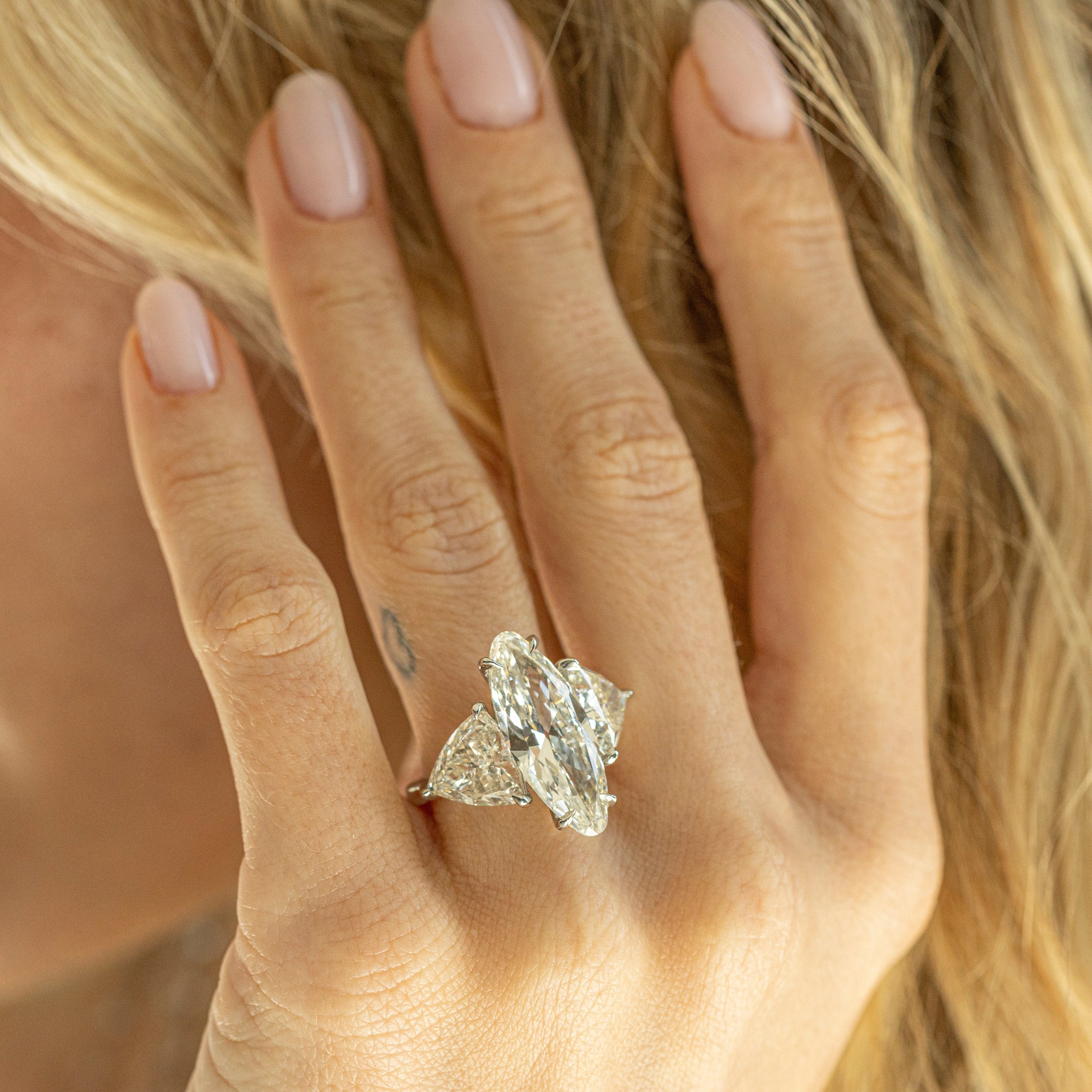 Platinum 5.16 Carat Moval Diamond Three Stone Engagement Ring -  Replica Handbags 