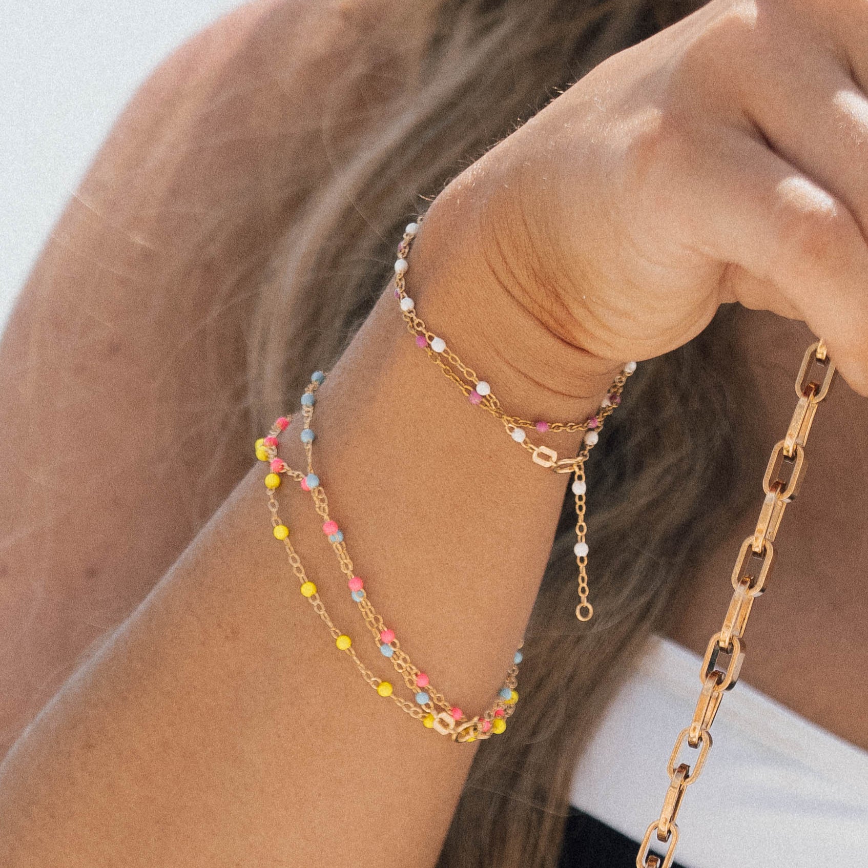 14K Yellow Gold Neon Pink Enamel Bead Station Bracelet - Replica Handbags