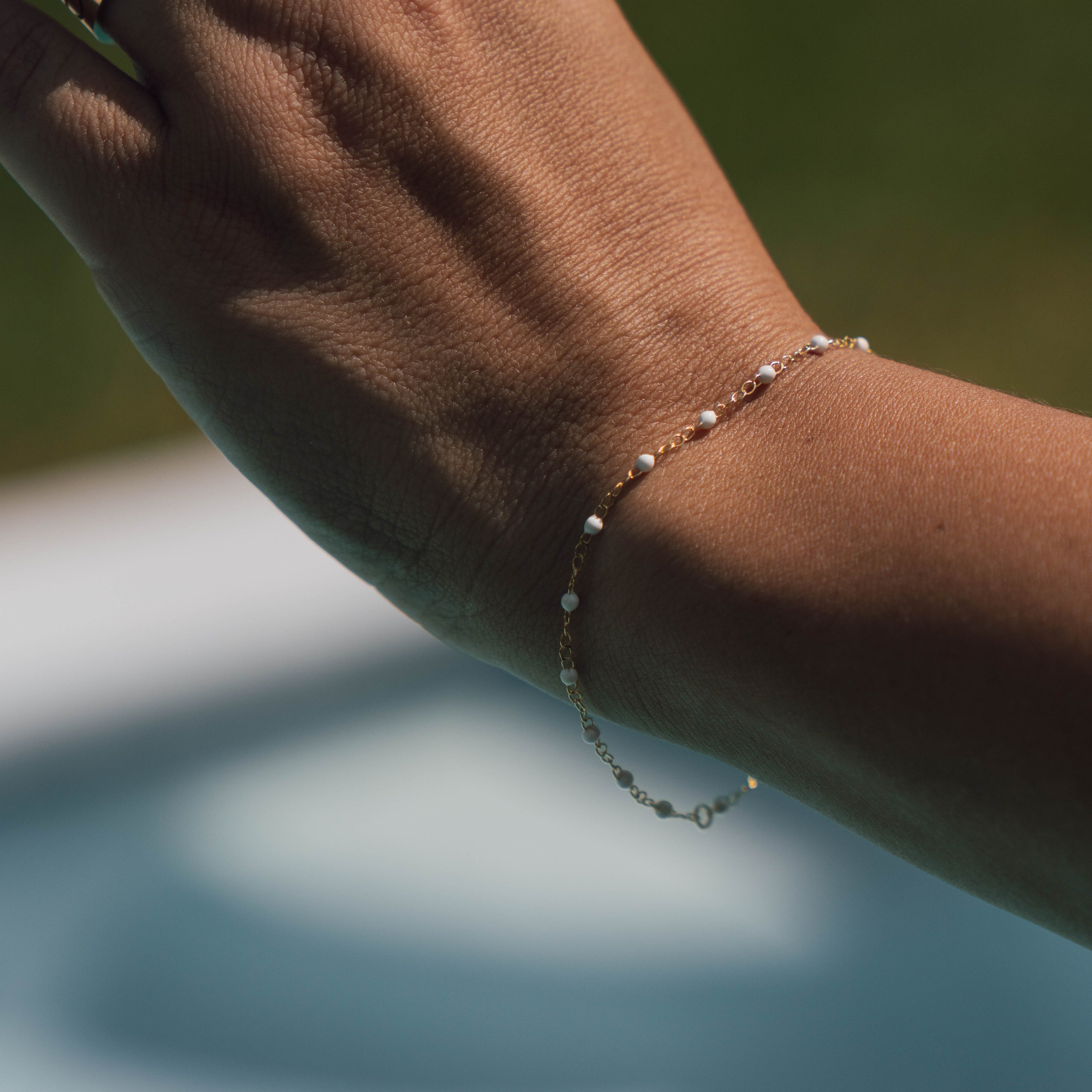 14K Yellow Gold White Enamel Bead Station Bracelet - Replica Handbags