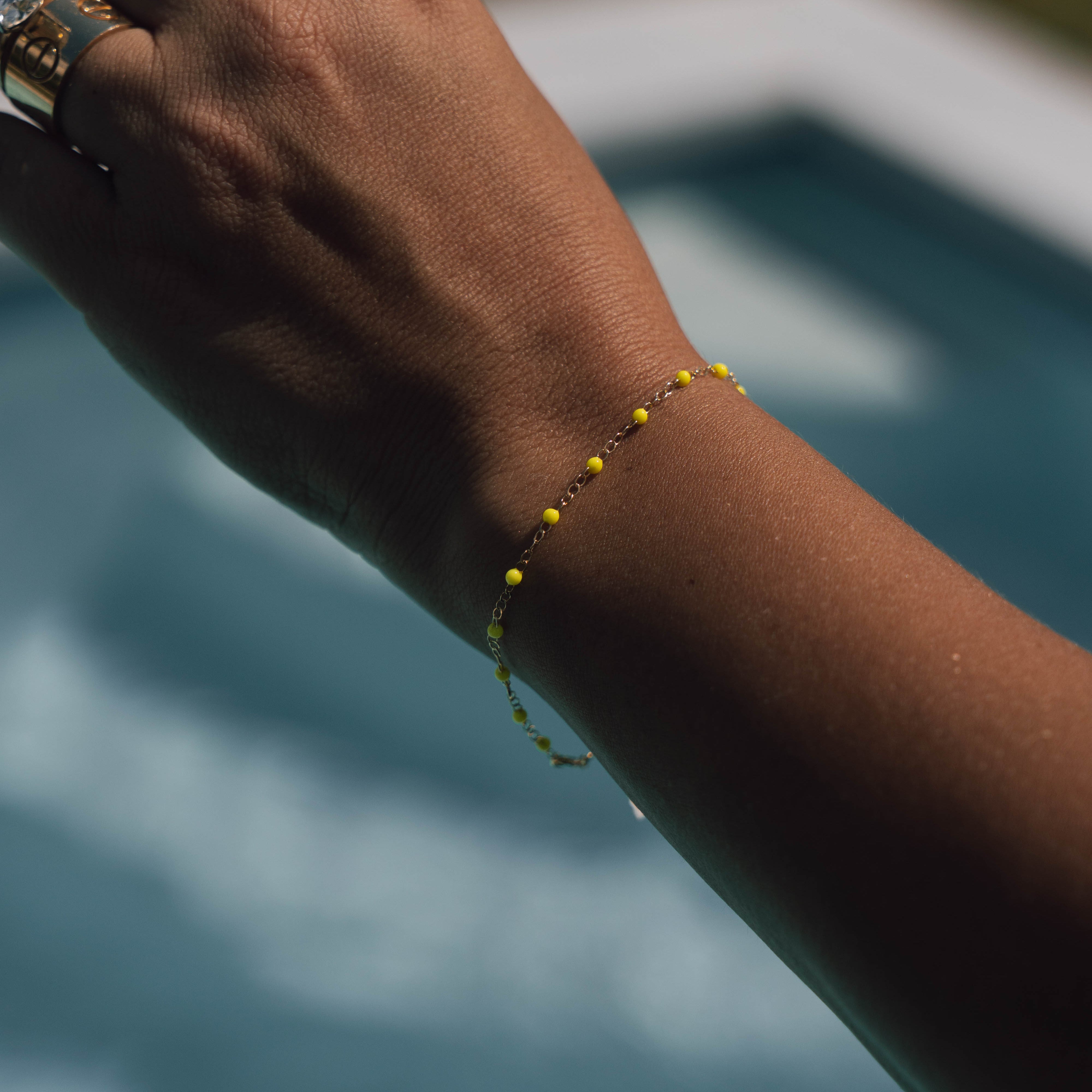 14K Yellow Gold Neon Yellow Enamel Bead Station Bracelet - Replica Handbags