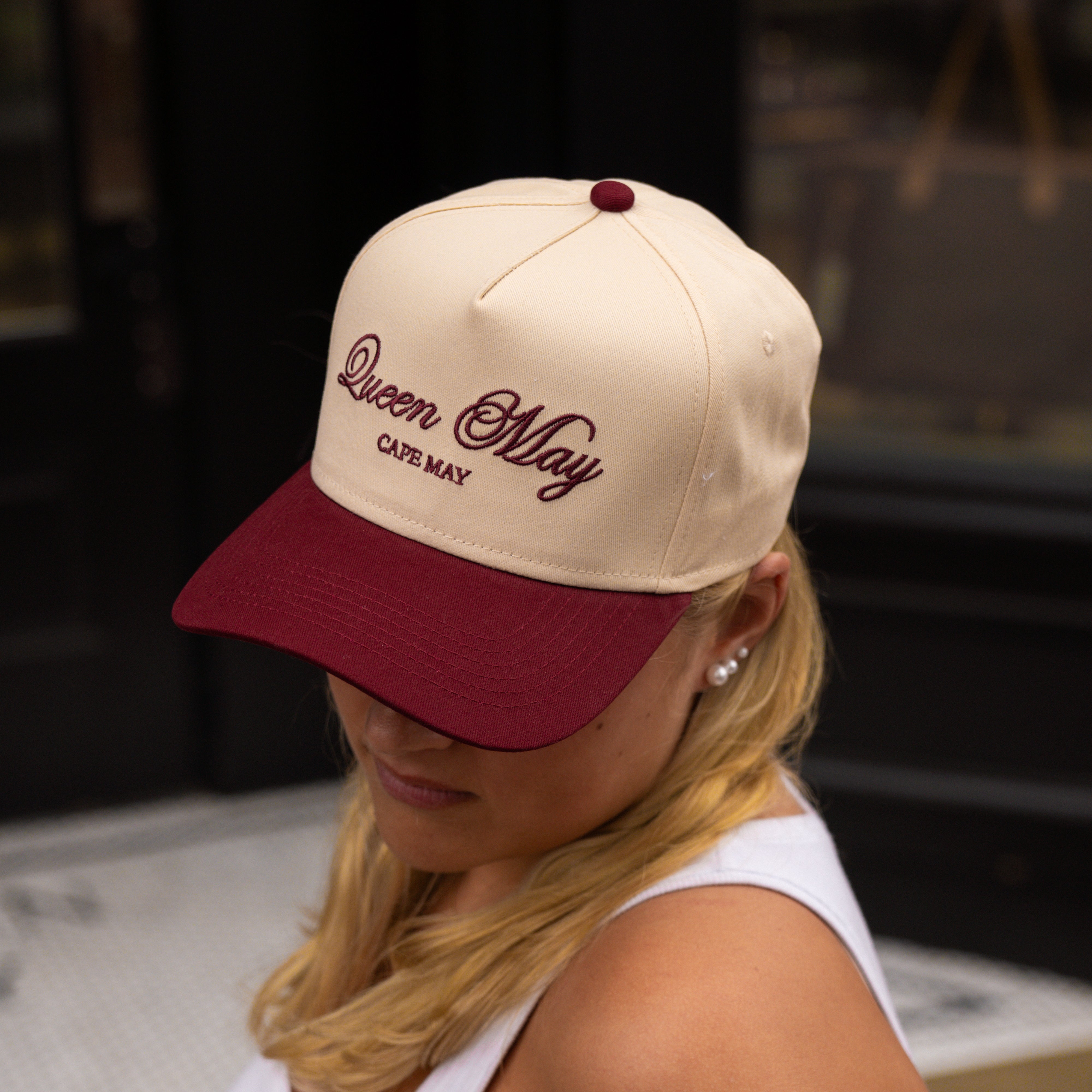 Replica Handbags Embroidered Hat Burgundy and Cream - Replica Handbags