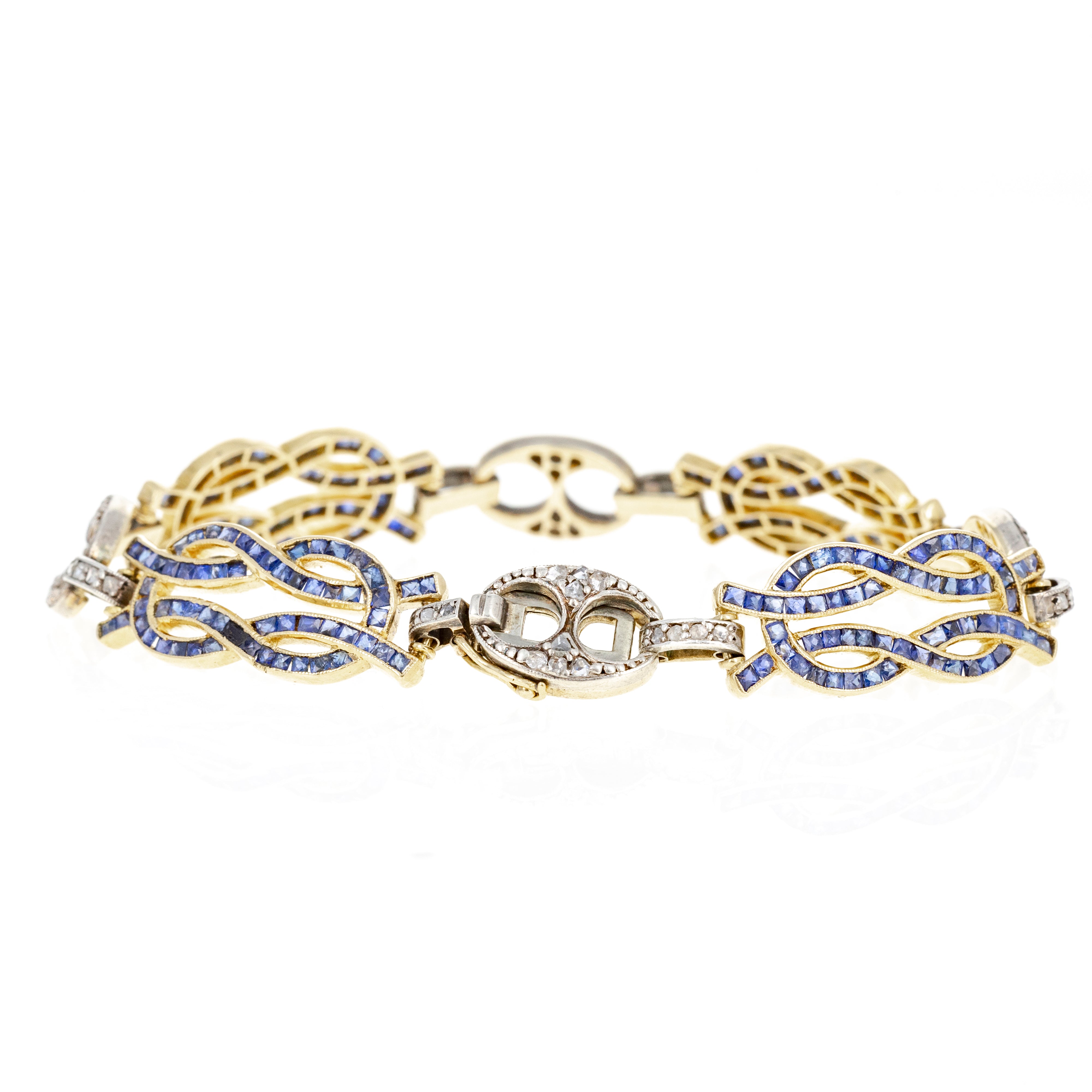 Edwardian 18K Yellow Gold & Sterling Silver 5 Carat Sapphire Diamond Bracelet -  Replica Handbags 