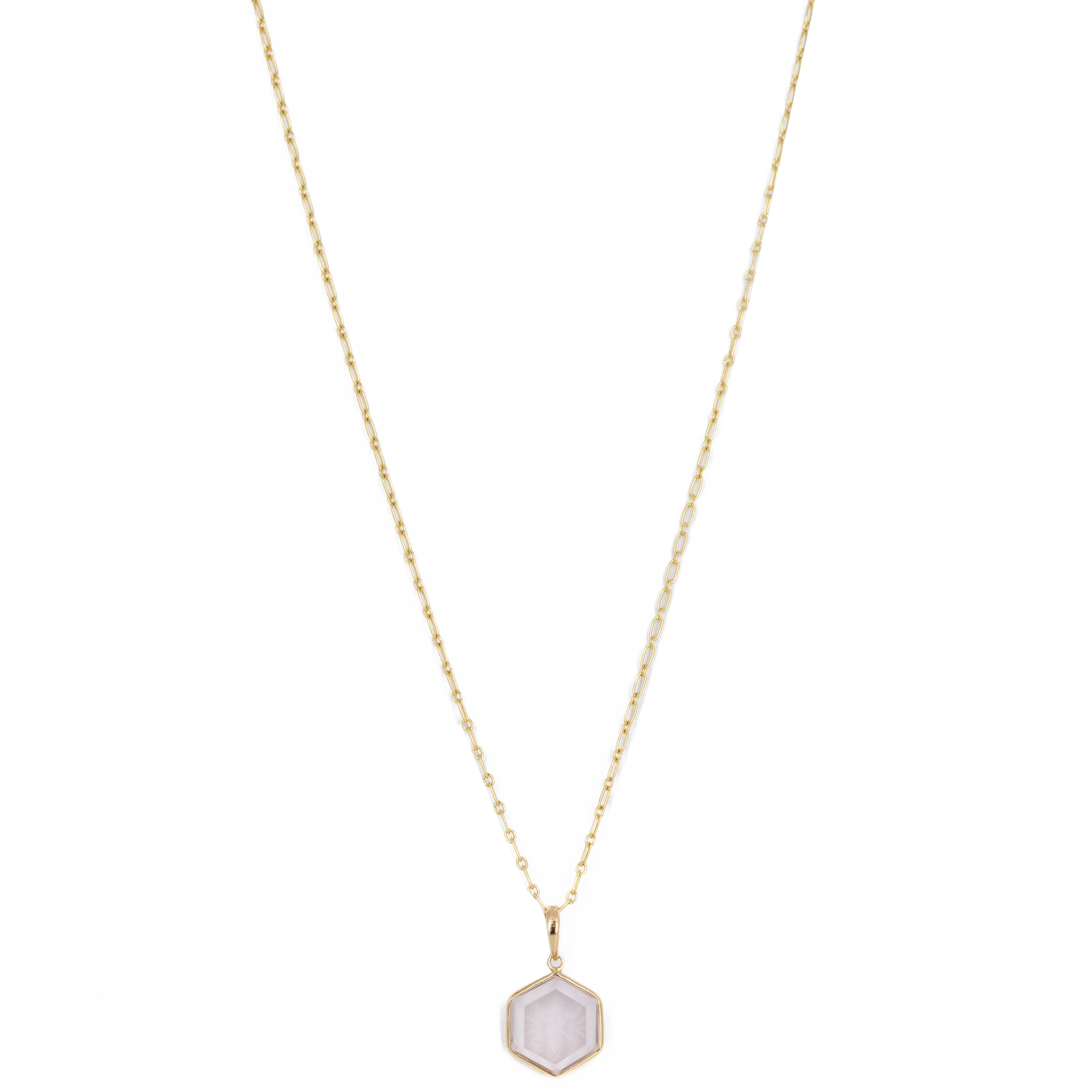 14K Yellow Gold 6.24 Carat Rose Quartz Engraved Hexagon Pendant Necklace -  Replica Handbags 