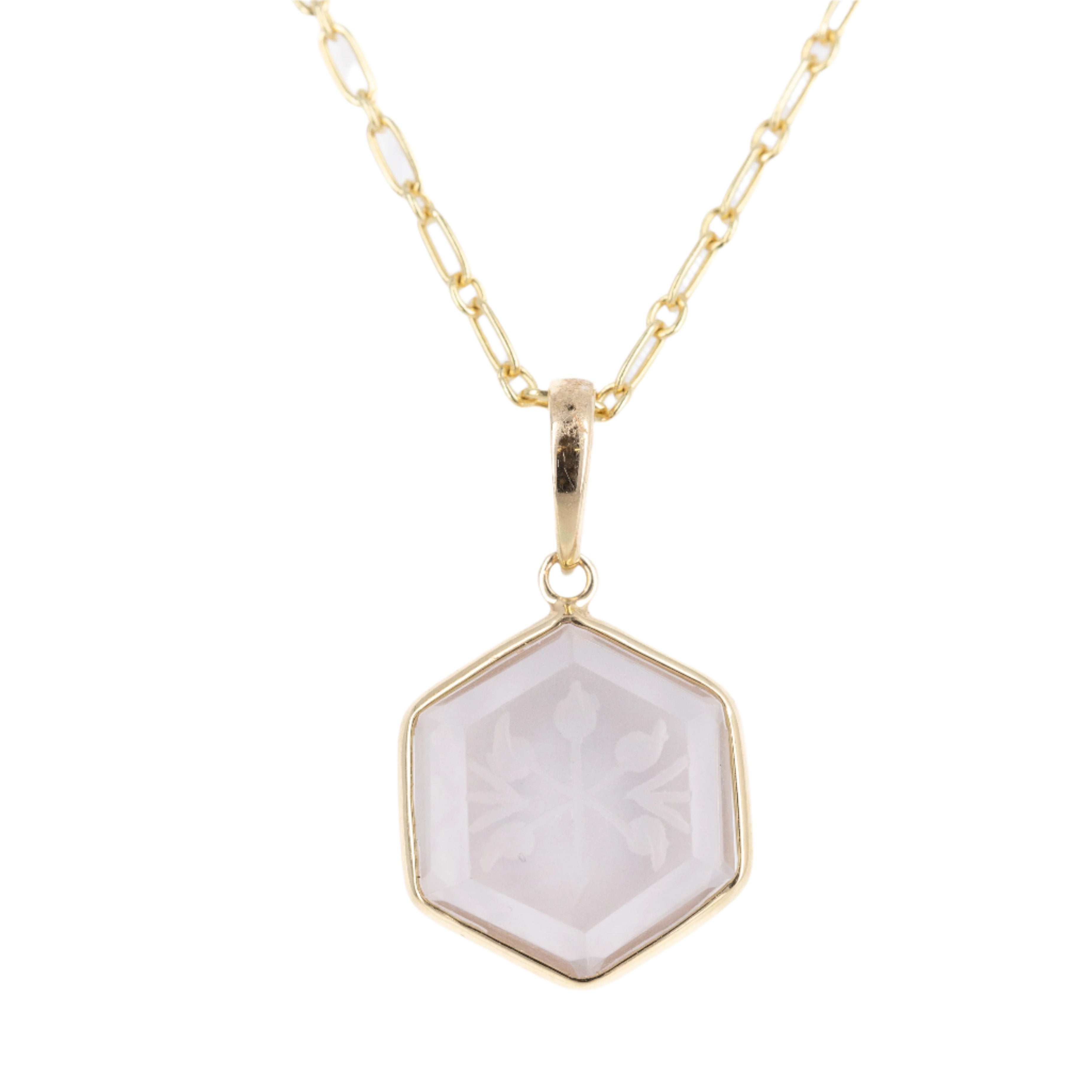 14K Yellow Gold 6.24 Carat Rose Quartz Engraved Hexagon Pendant Necklace - Replica Handbags