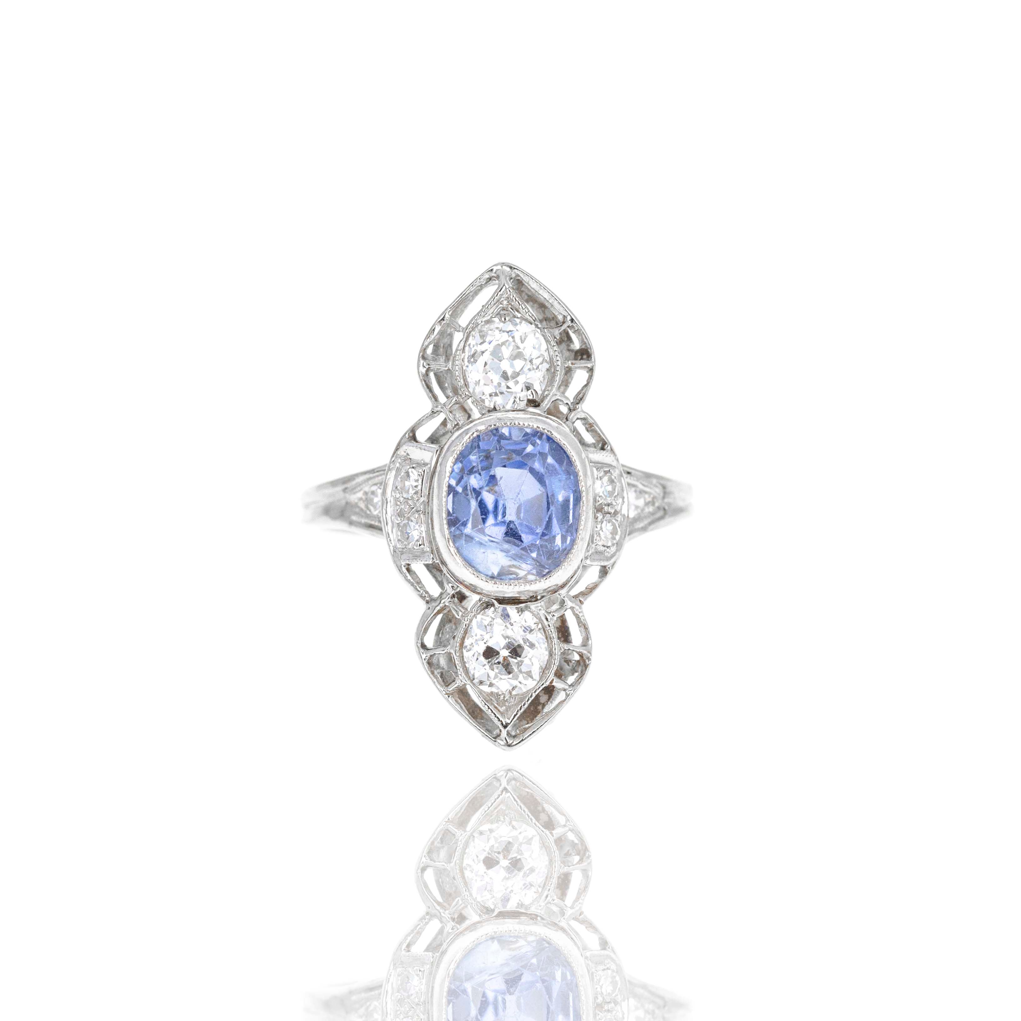 Art Deco 14K White Gold 2.20 Carat Sapphire Old European Diamond Ring - Replica Handbags