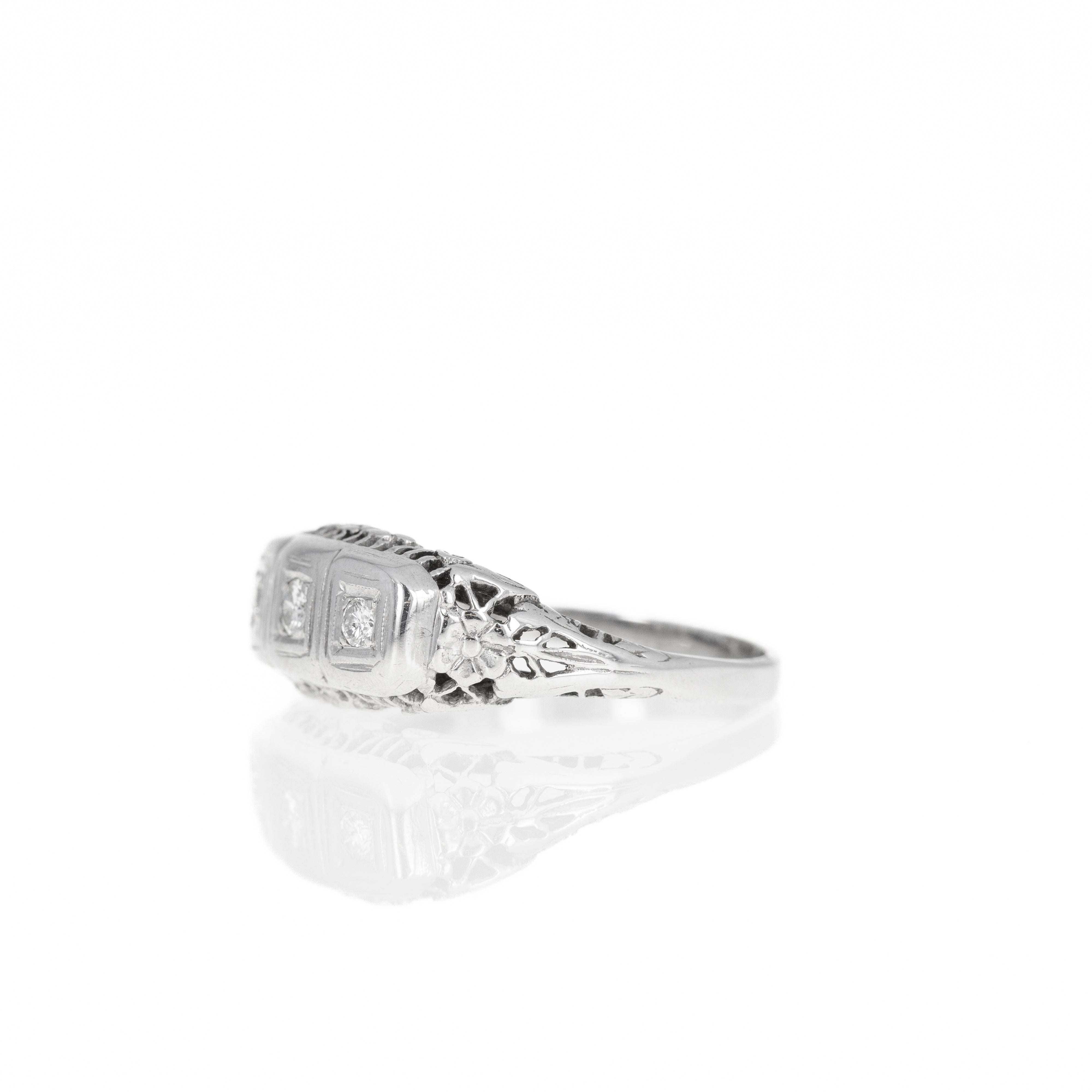 Art Deco 14K White Gold 0.15 Carat Diamond Three Stone Filigree Ring - Replica Handbags