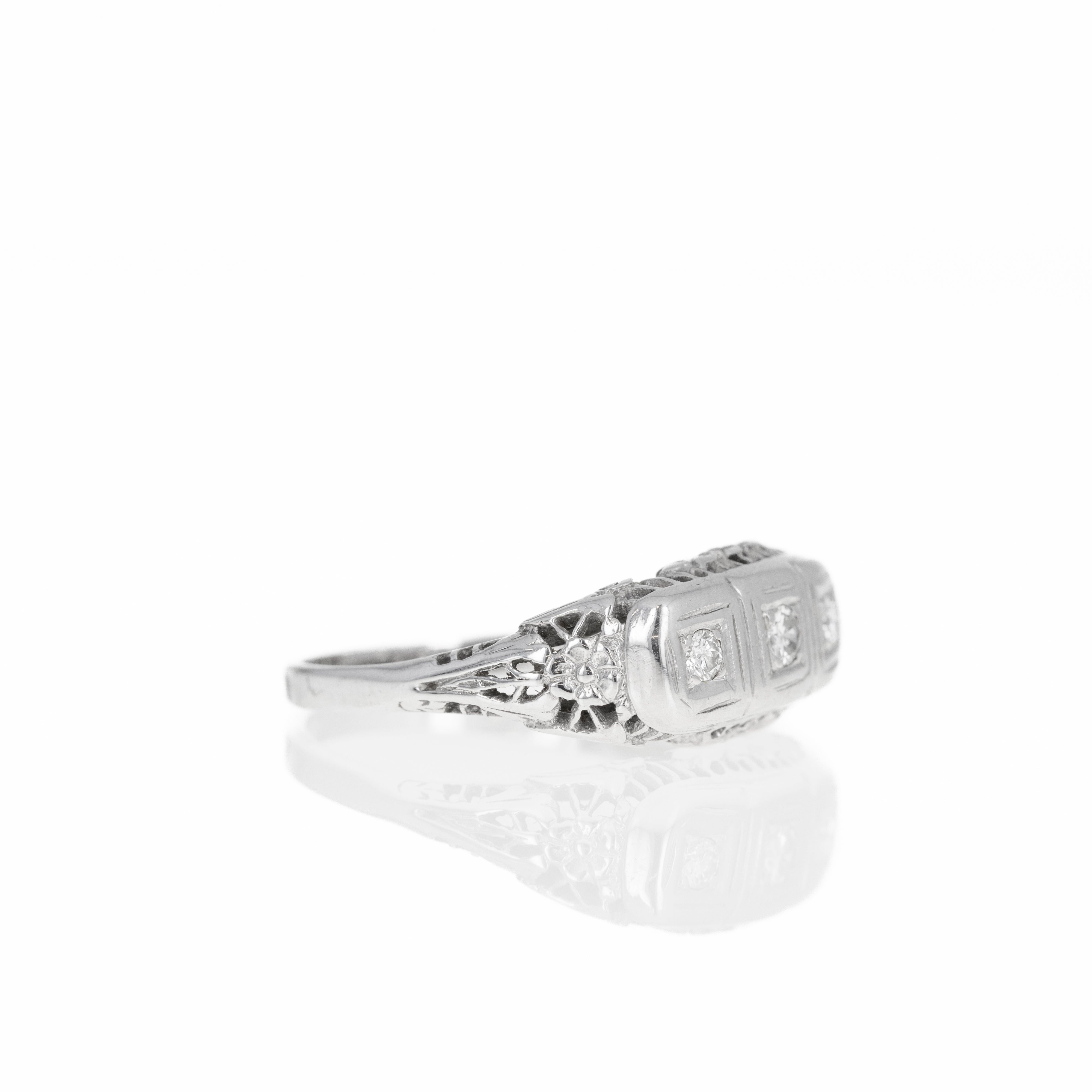 Art Deco 14K White Gold 0.15 Carat Diamond Three Stone Filigree Ring -  Replica Handbags 
