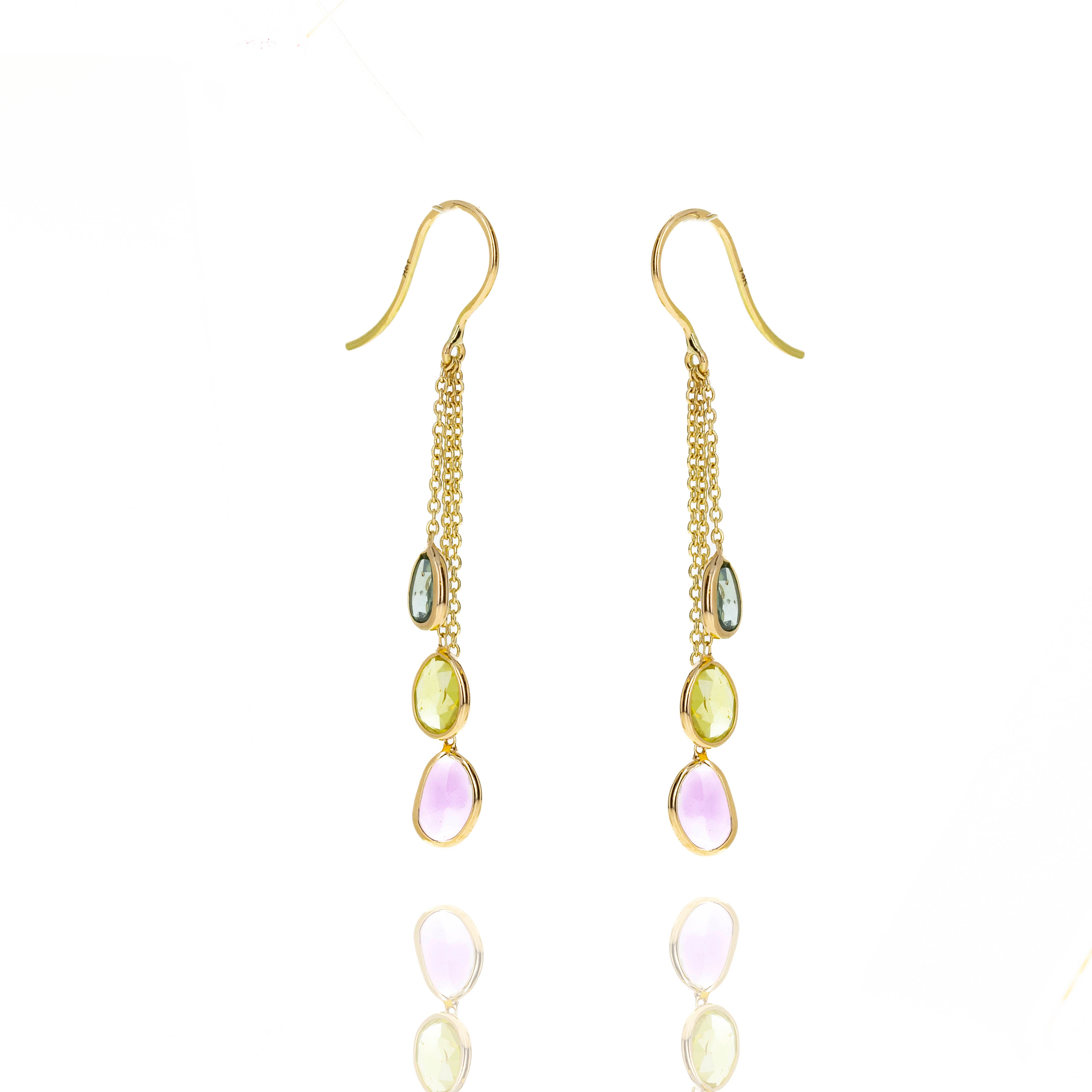 14K Yellow Gold 2.27 Carat Multi-Color Sapphire Bezel Chain Drop Earrings - Replica Handbags