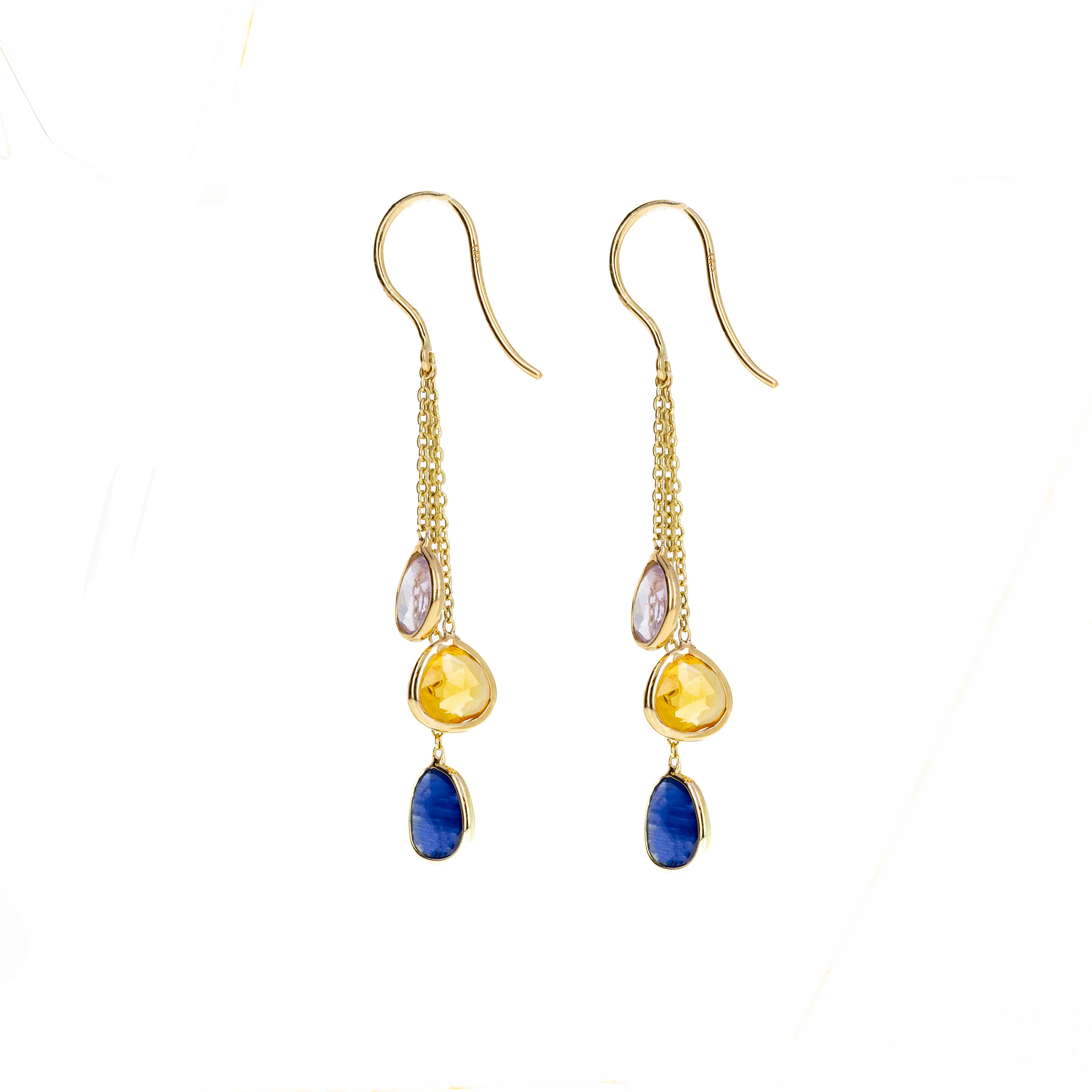 14K Yellow Gold 3.32 Carat Multi-Color Sapphire Bezel Chain Drop Earrings -  Replica Handbags 