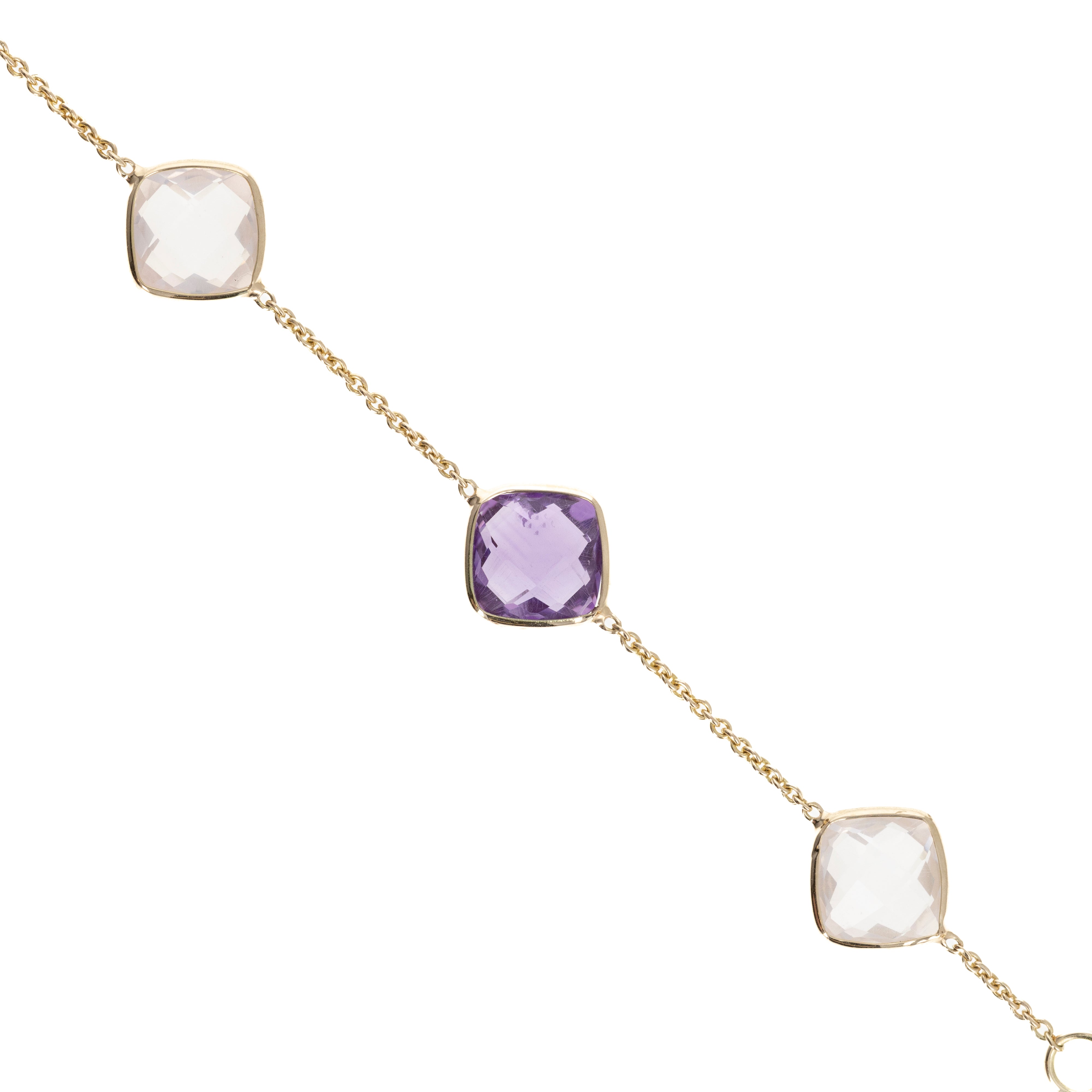 14K Yellow Gold 5.42 Carat Amethyst and Rose Quartz Bezel Bracelet - Replica Handbags