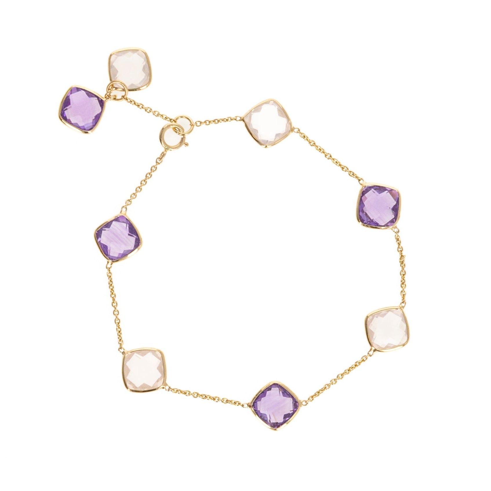 14K Yellow Gold 5.42 Carat Amethyst and Rose Quartz Bezel Bracelet - Replica Handbags