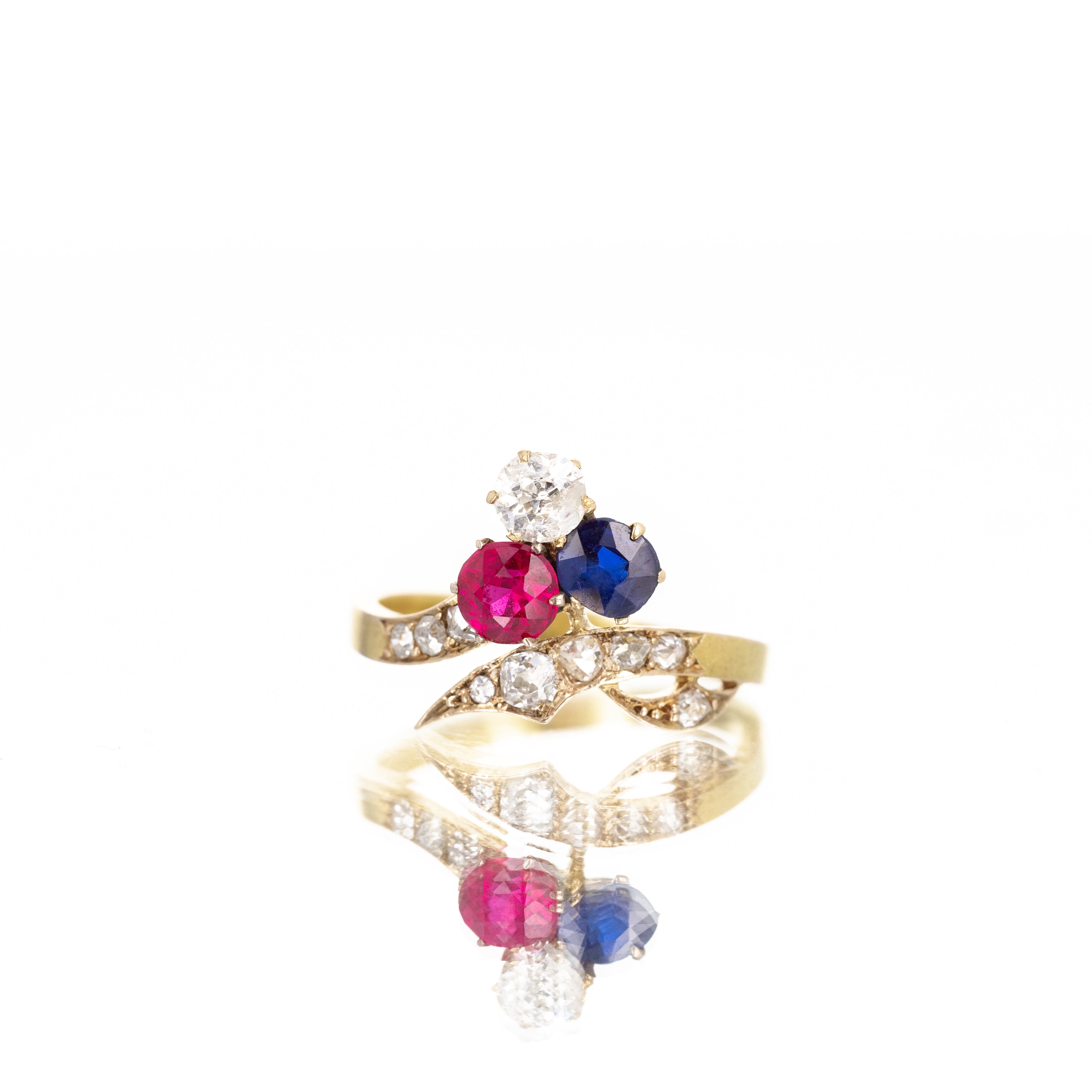 Edwardian 18K Yellow Gold Sapphire Diamond Synthetic Ruby Ring - Replica Handbags