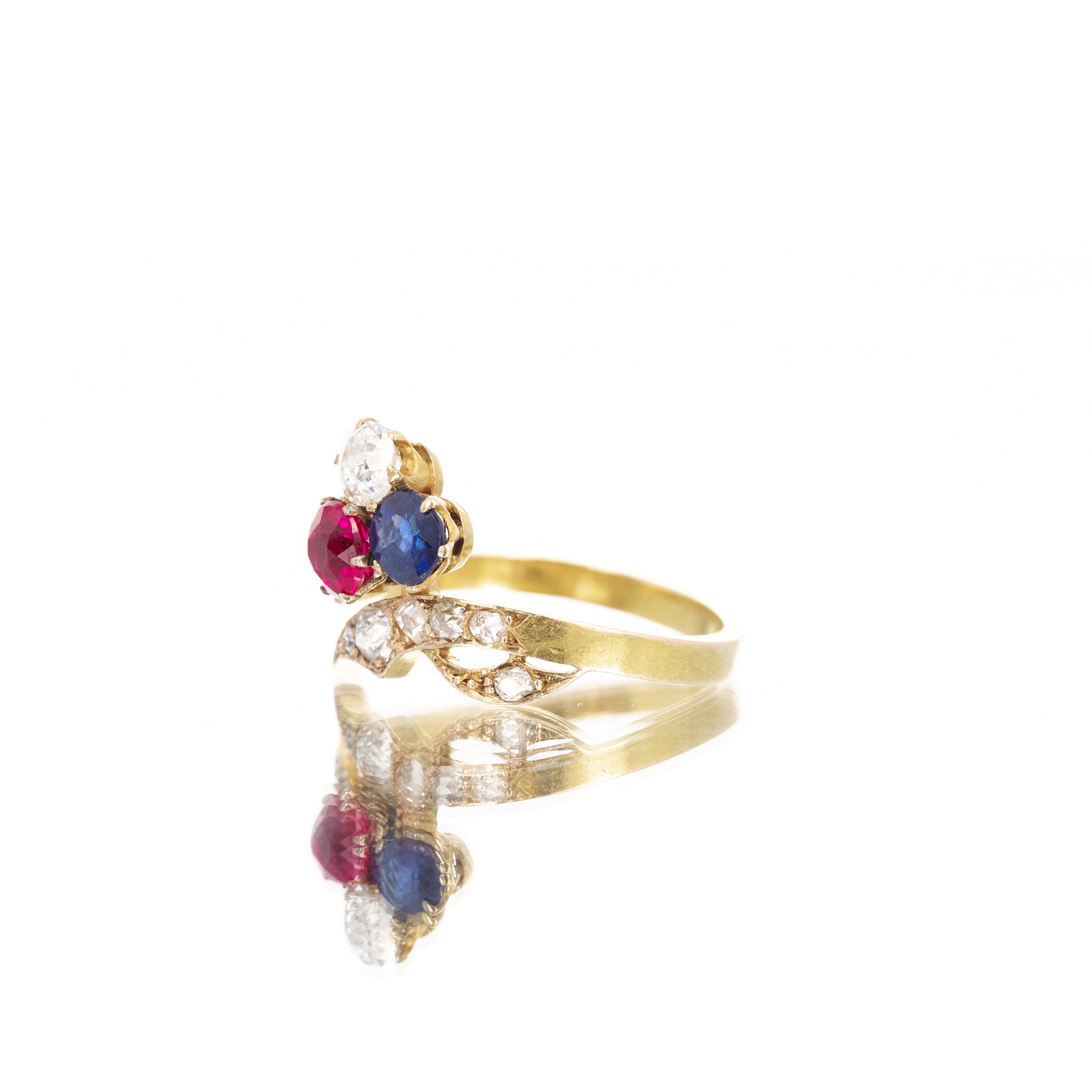 Edwardian 18K Yellow Gold Sapphire Diamond Synthetic Ruby Ring - Replica Handbags