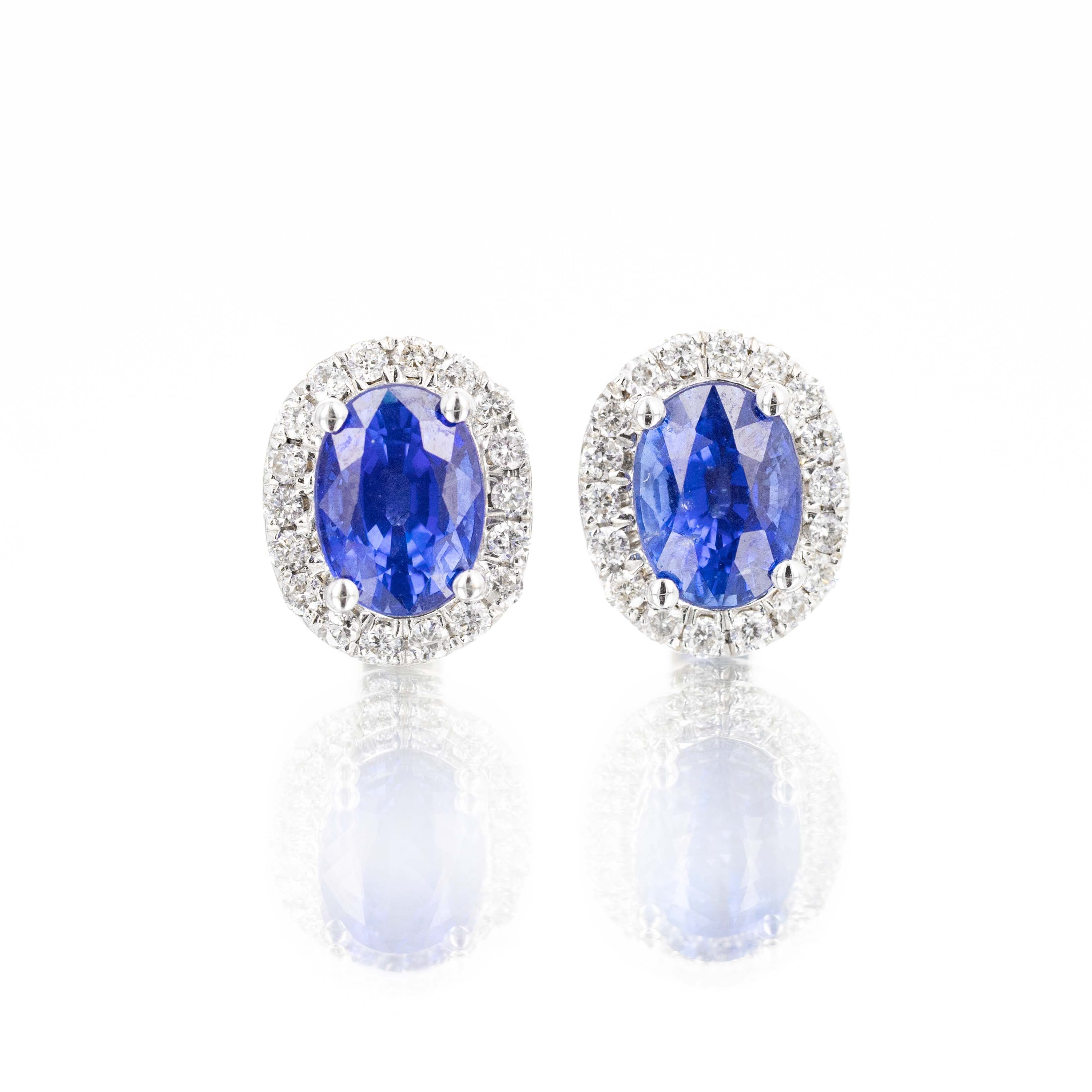 18K White Gold 2.14 Carat Oval Sapphire Diamond Halo Stud Earrings -  Replica Handbags 