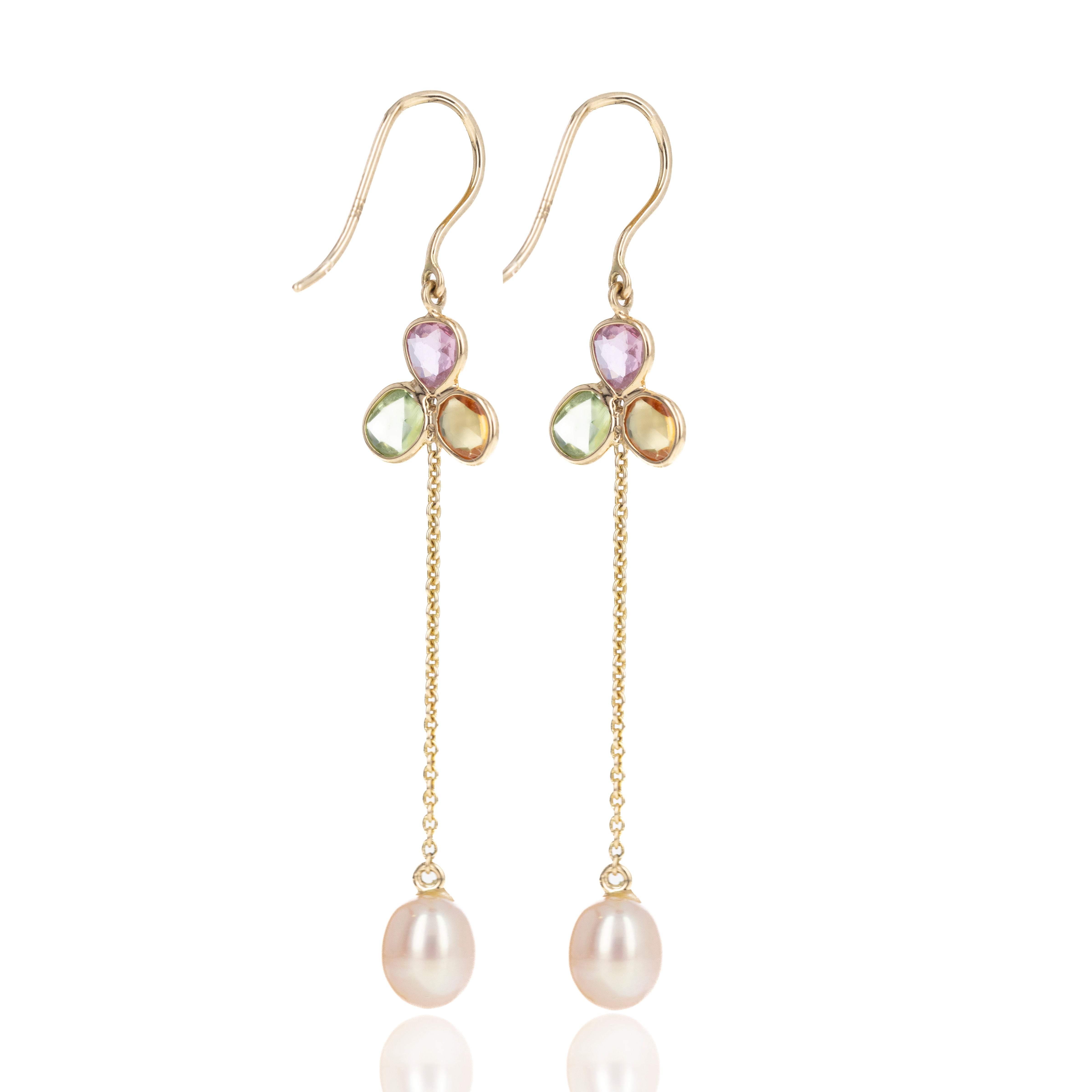 14K Yellow Gold 1.86 Carat Multi-Color Sapphire and Pearl Chain Earrings - Replica Handbags