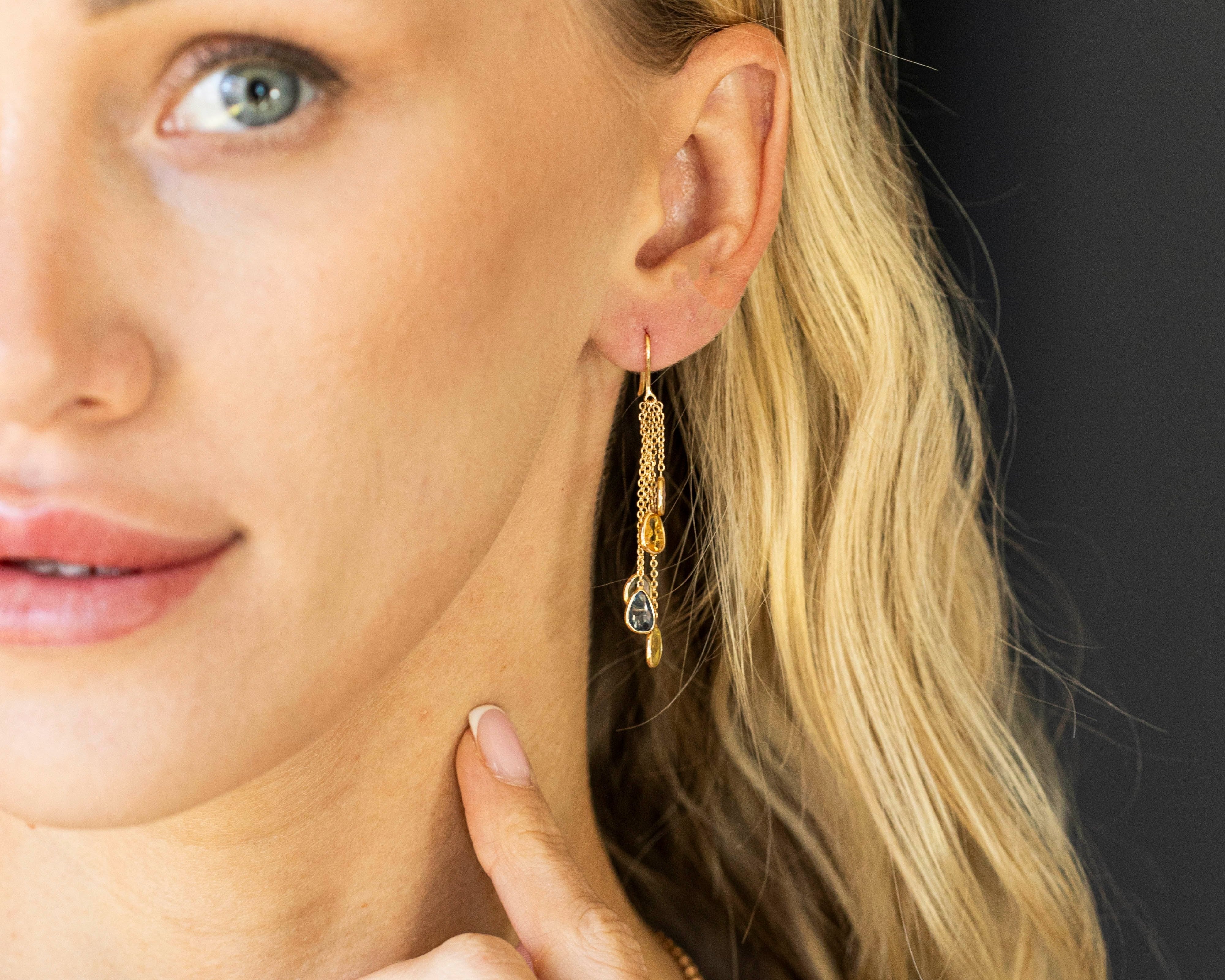 14K Yellow Gold 4.83 Carat Multi-Color Sapphire Bezel Chain Drop Earrings -  Replica Handbags 