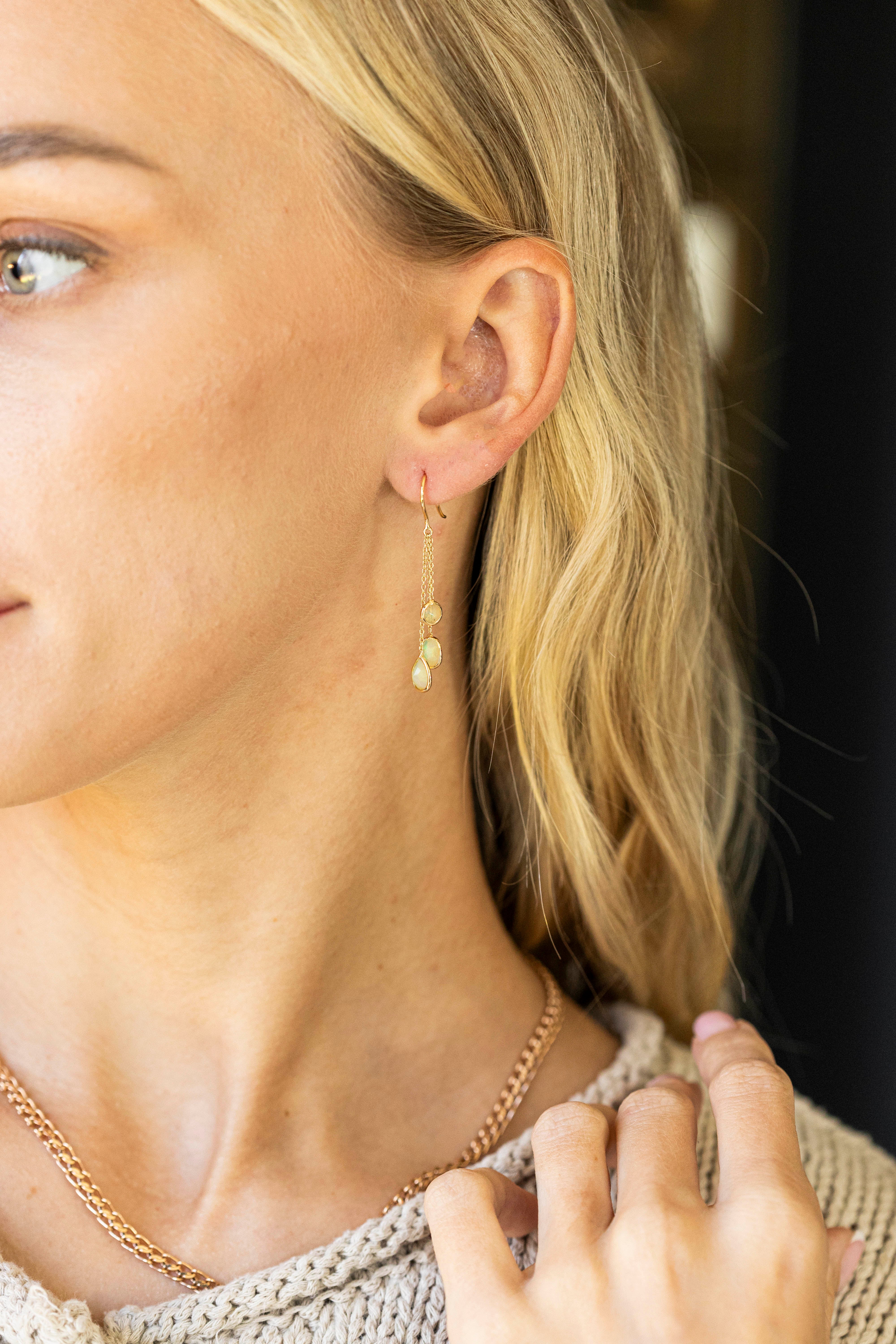 14K Yellow Gold 1.58 Carat Opal Bezel Chain Drop Earrings -  Replica Handbags 