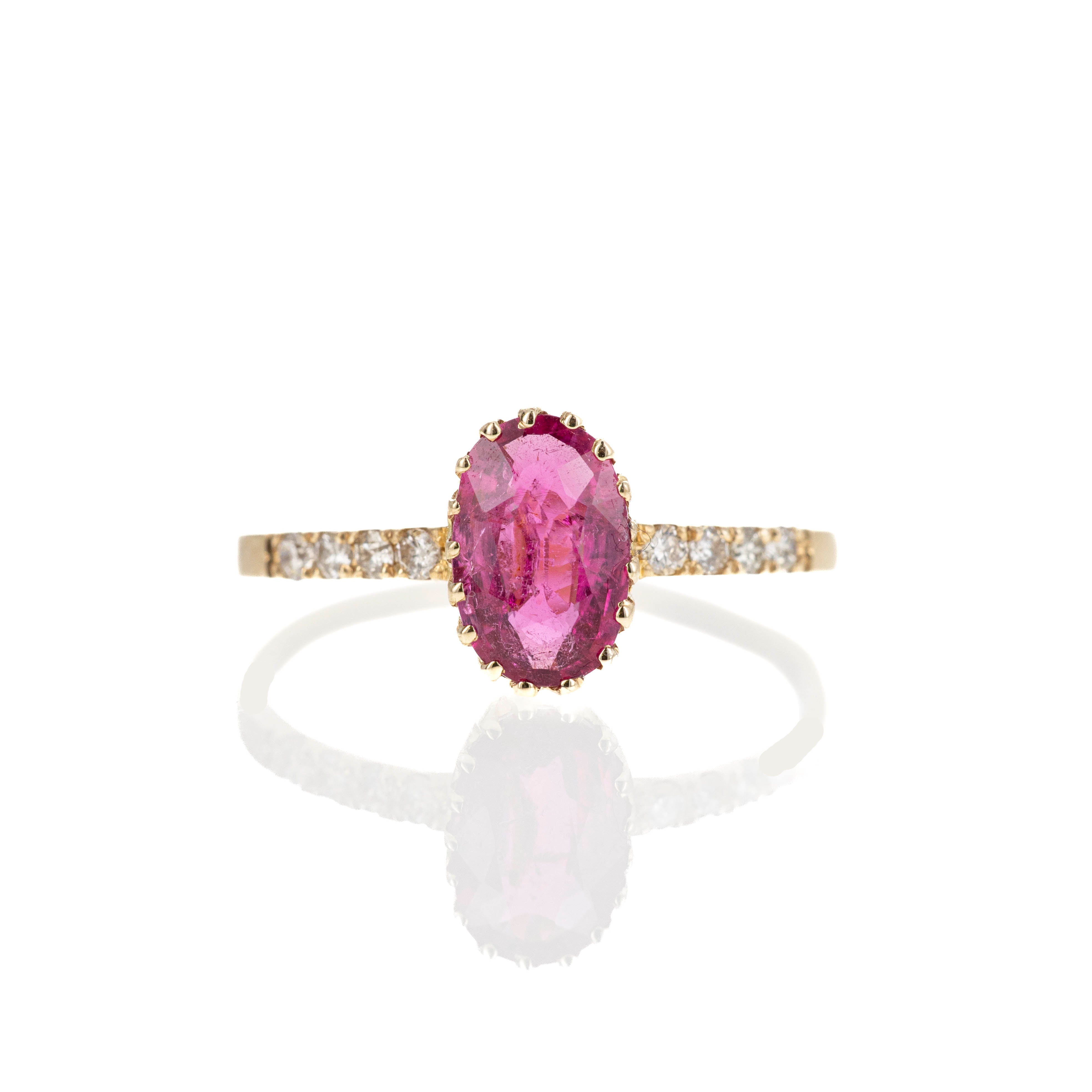 14K Yellow Gold 0.99 Carat Rubellite Tourmaline Diamond Brushed Ring -  Replica Handbags 