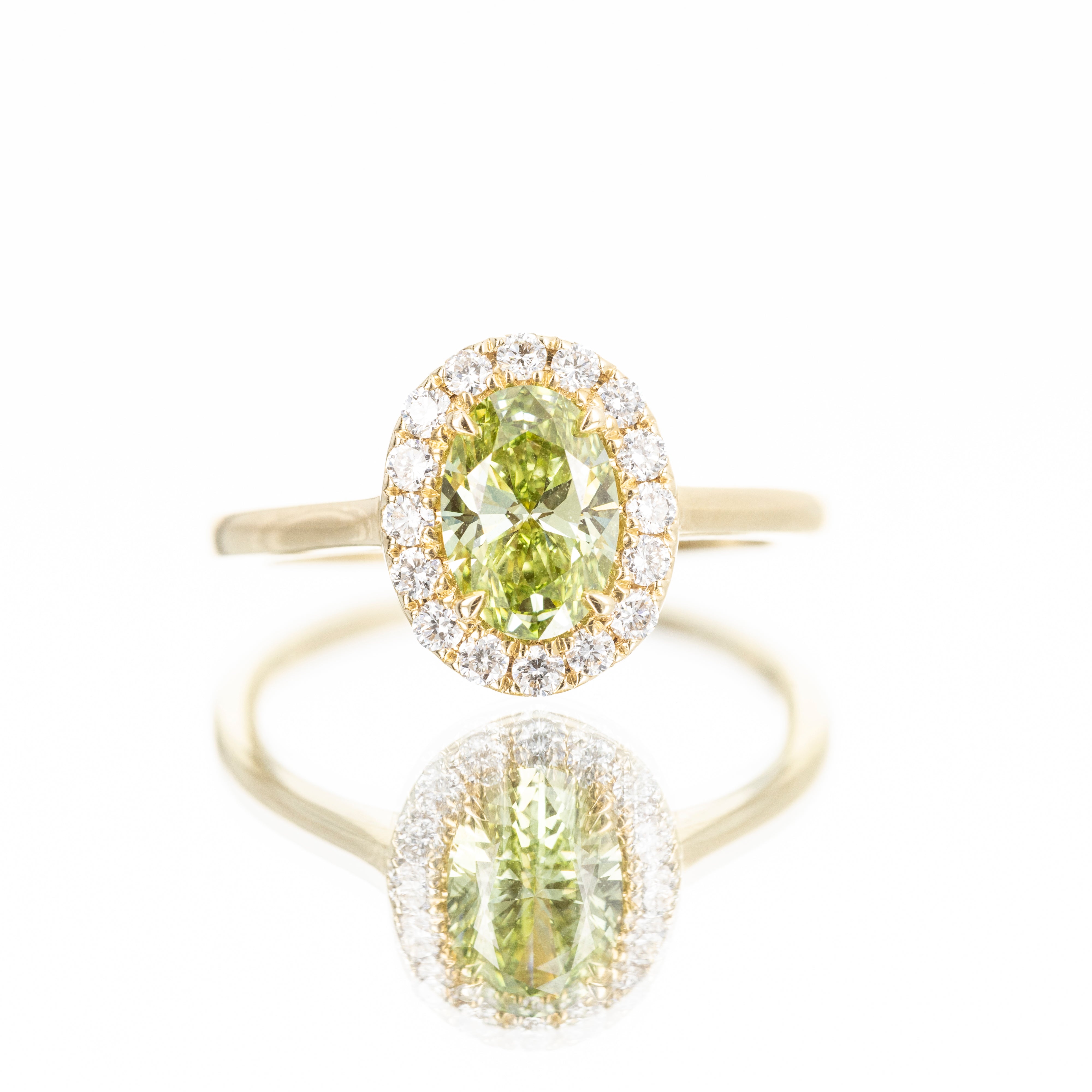 Lab Grown 1 Carat Oval Green Diamond Halo Engagement Ring - Replica Handbags