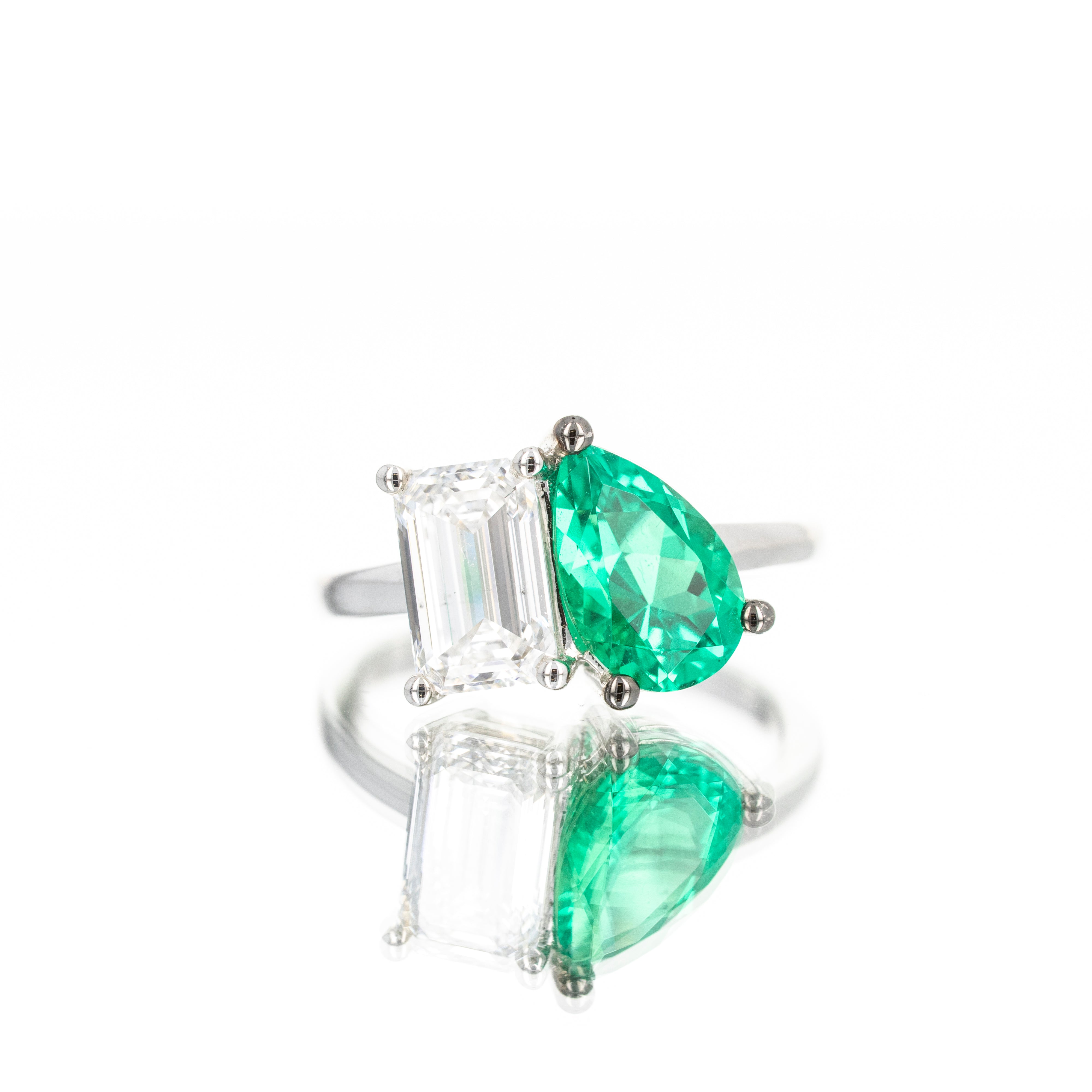 Lab Grown 4 Carat Pear Diamond and Lab Grown Emerald Two Stone Engagement Ring - Replica Handbags