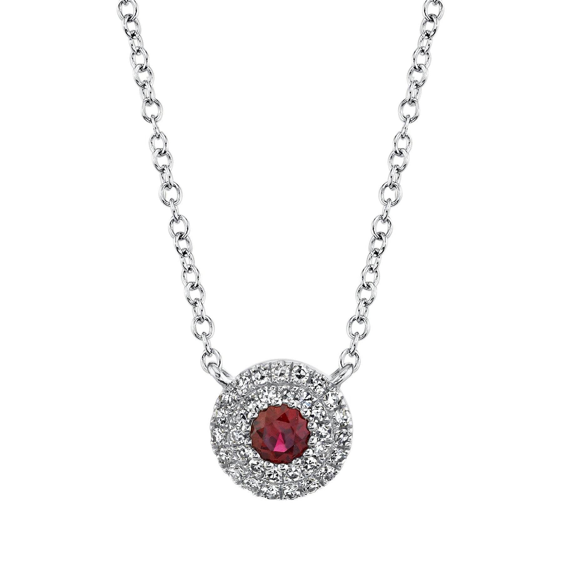 14K White Gold 0.14 Carat Round Ruby Diamond Halo Pendant Necklace - Replica Handbags