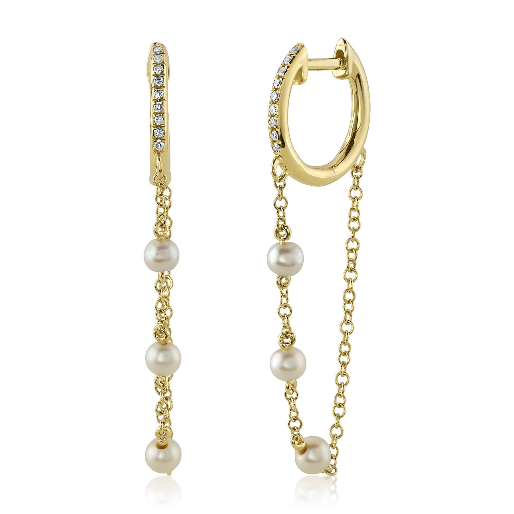 14K Yellow Gold 0.05 Carat Diamond Pearl Chain Huggie Drop Earrings - Replica Handbags