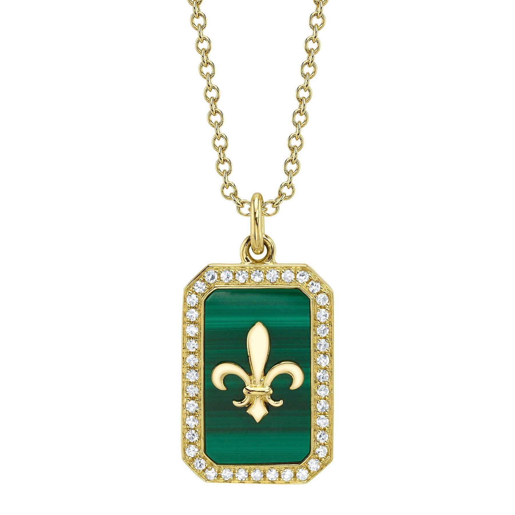 14K Yellow Gold Diamond Malachite Fleur De Lis Pendant Necklace - Replica Handbags