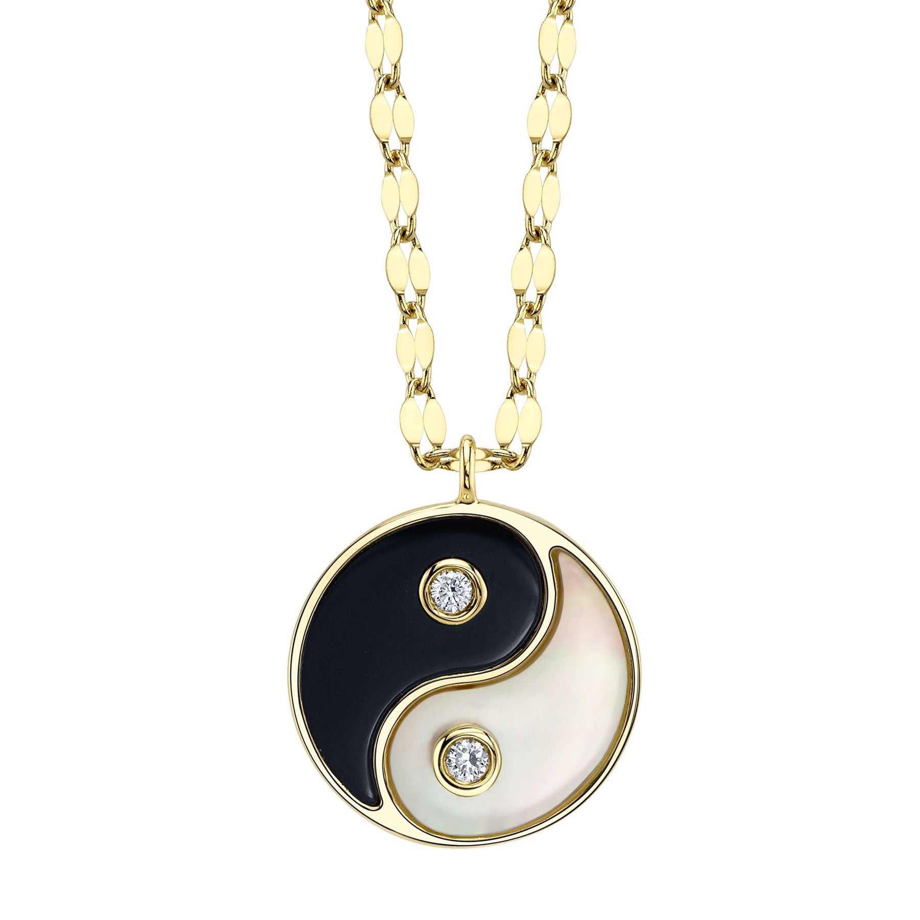 14K Yellow Gold Mother of Pearl Onyx Diamond Yin & Yang Sparkle Chain Pendant Necklace - Replica Handbags