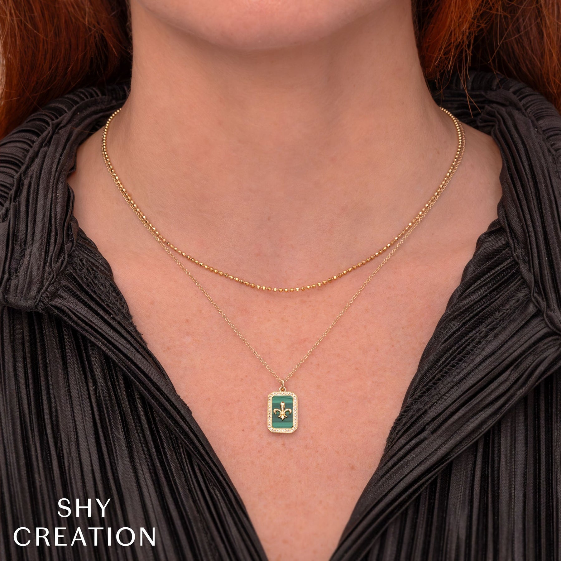 14K Yellow Gold Diamond Malachite Fleur De Lis Pendant Necklace - Replica Handbags