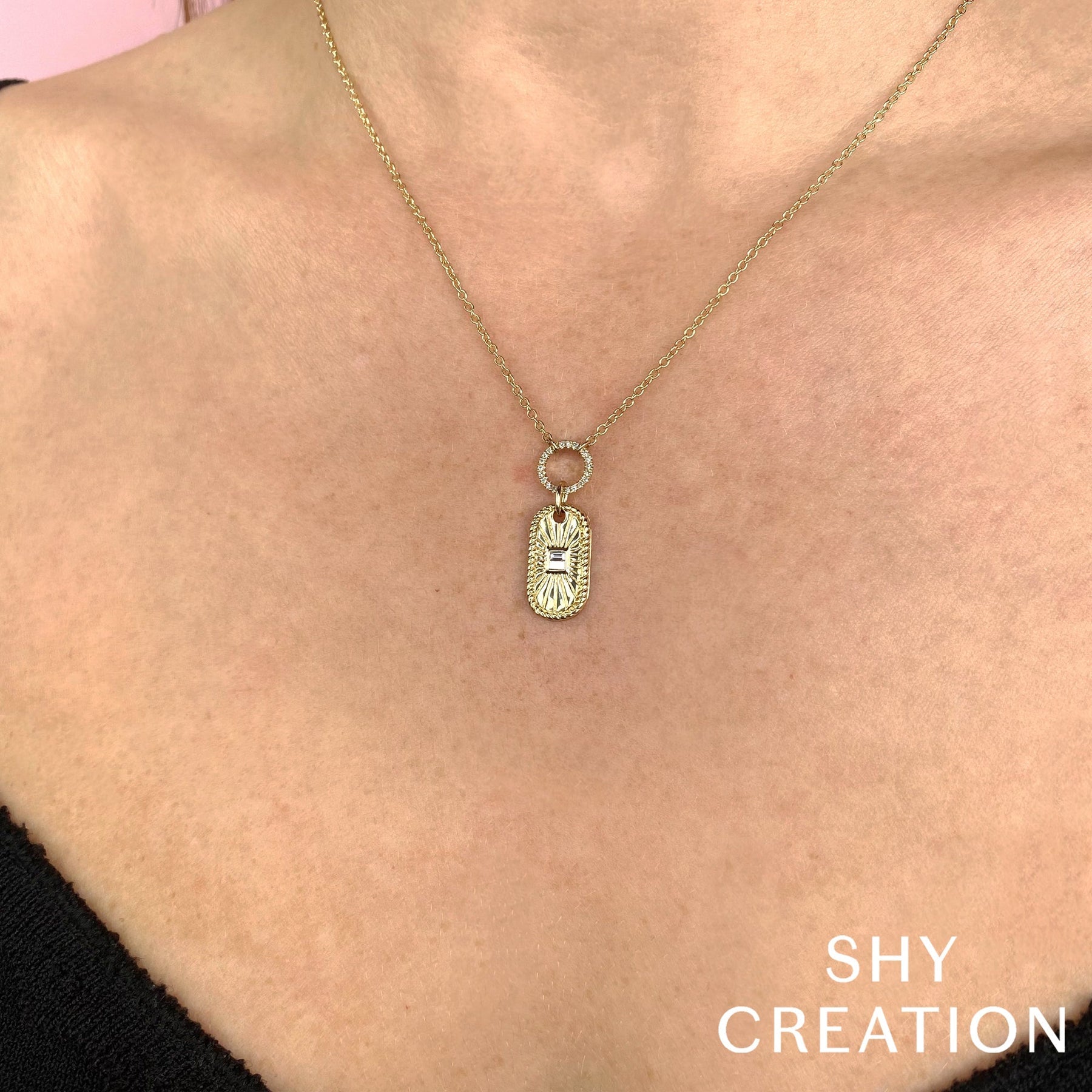 14K Yellow Gold 0.11 Carat Diamond Baguette Tag Pendant Necklace - Replica Handbags