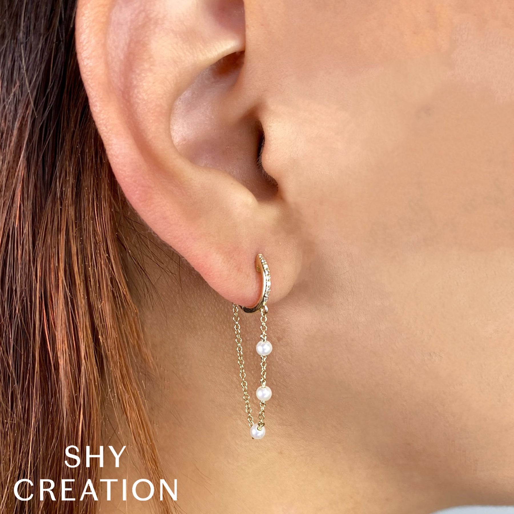 14K Yellow Gold 0.05 Carat Diamond Pearl Chain Huggie Drop Earrings -  Replica Handbags 