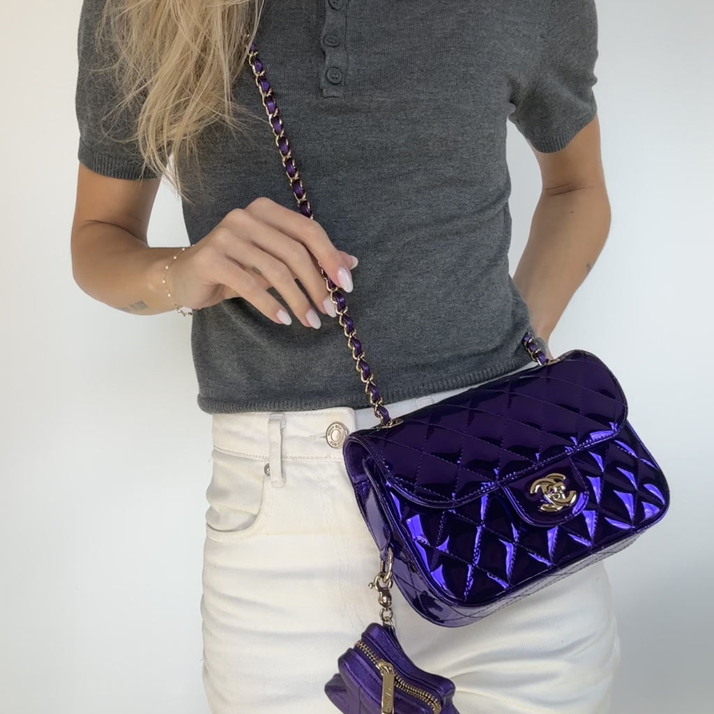 Chanel Metallic Lambskin Hollywood Boulevard Flap Bag With Star Clip On Coin Purse Purple -  Replica Handbags 