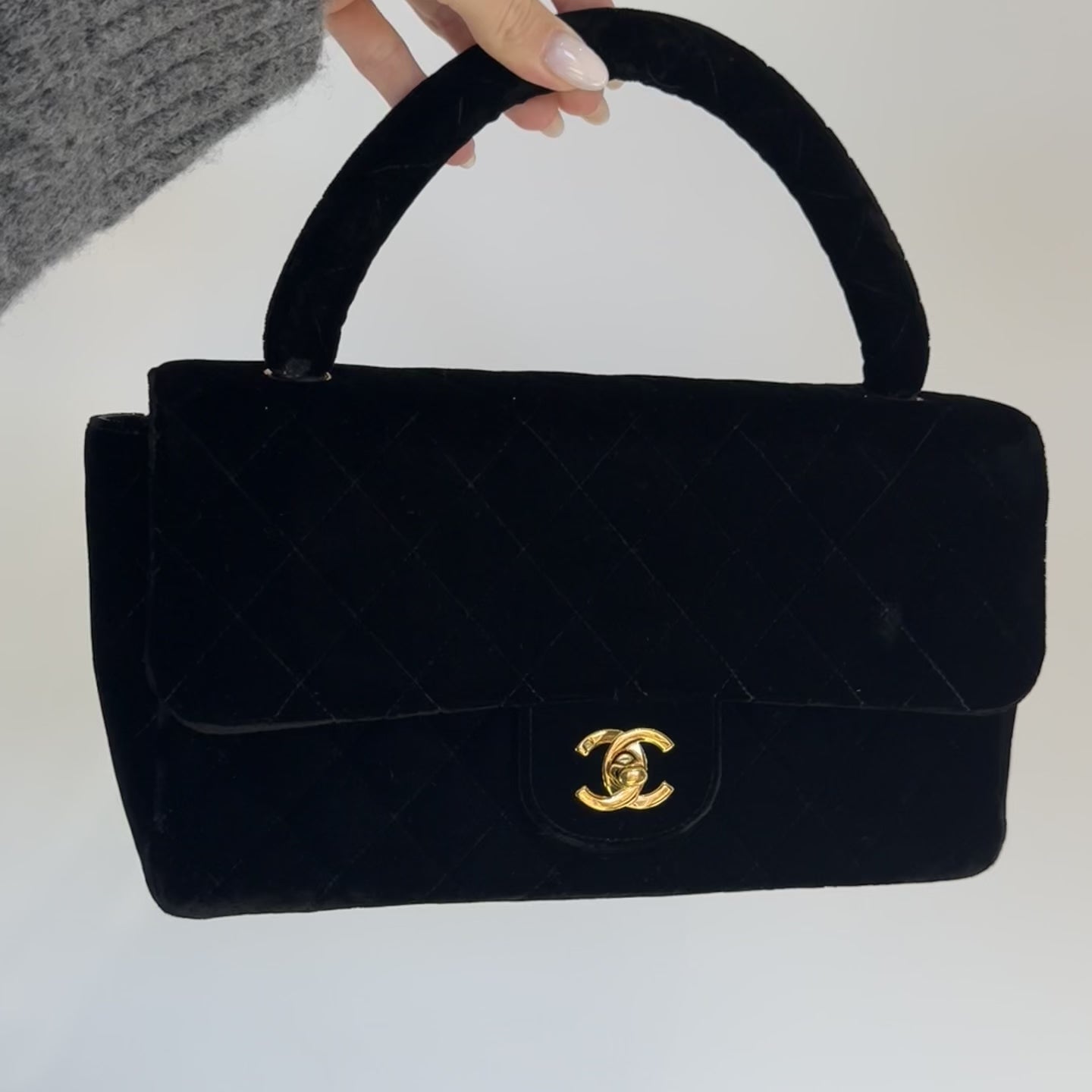Chanel Black Quilted Velvet Medium Top Handle Bag -  Replica Handbags 