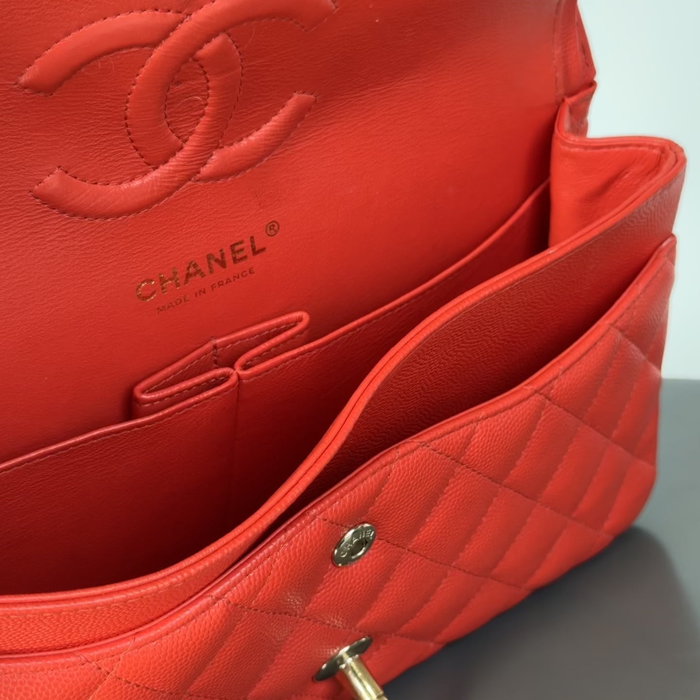 Chanel Caviar Quilted Medium Double Flap 2019 Red Orange Light Gold Hardware -  Replica Handbags 
