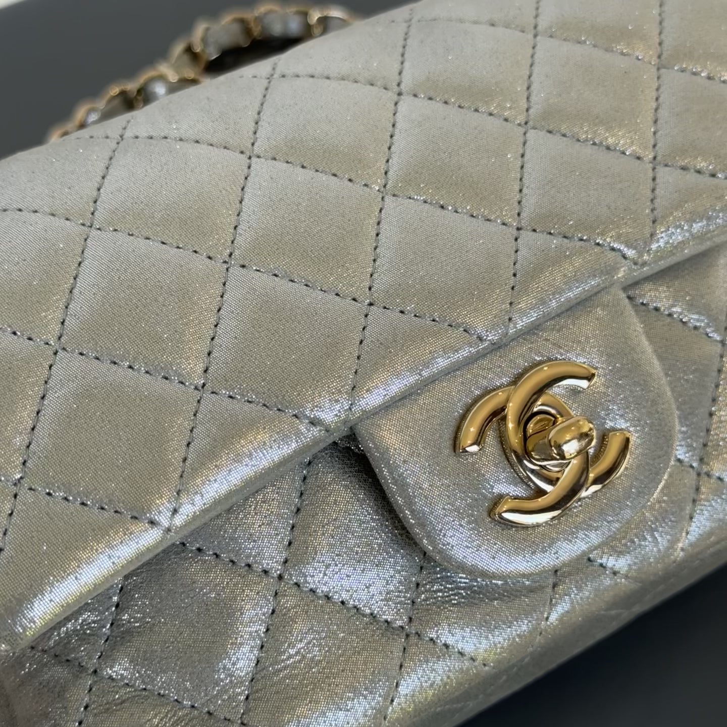 Chanel Iridescent Calfskin Quilted Mini Rectangular Flap Silver -  Replica Handbags 