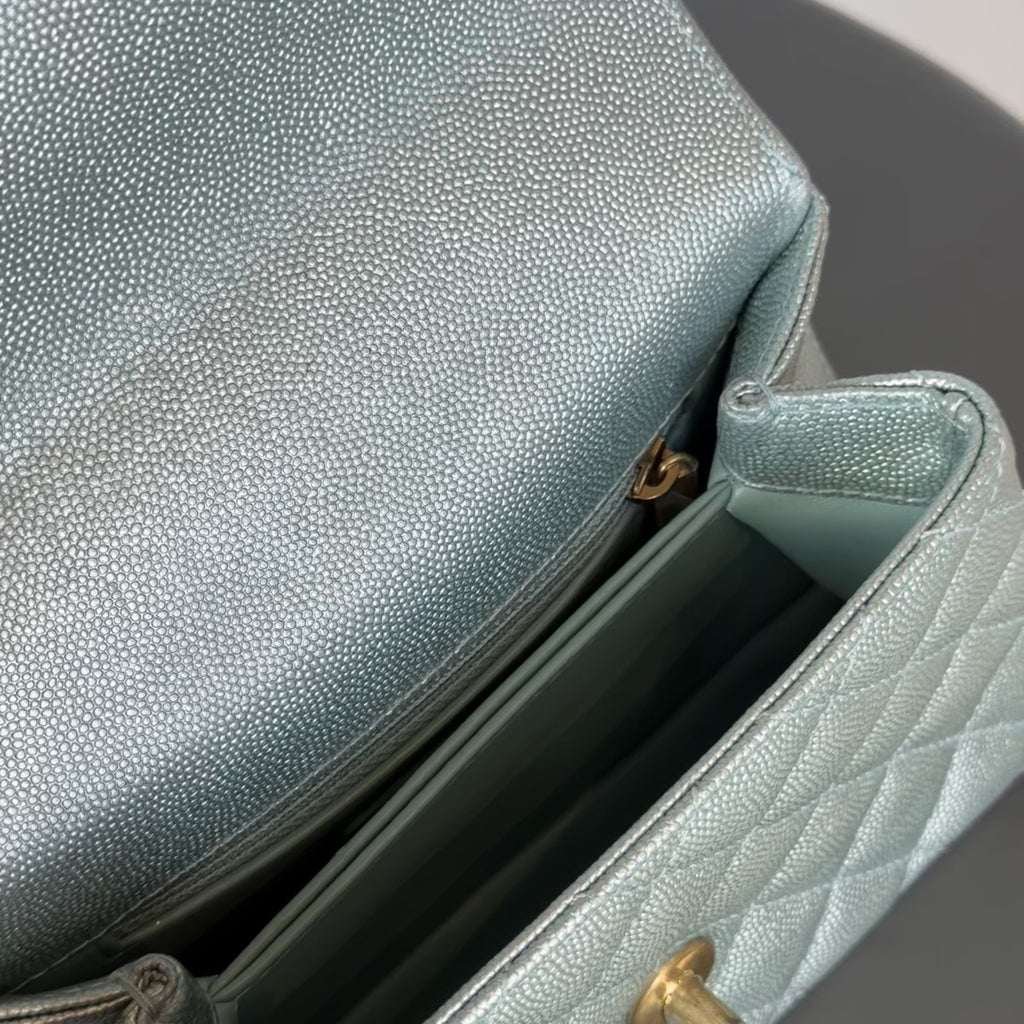 Chanel Metallic Caviar Quilted Mini Coco Handle Flap Light Blue -  Replica Handbags 