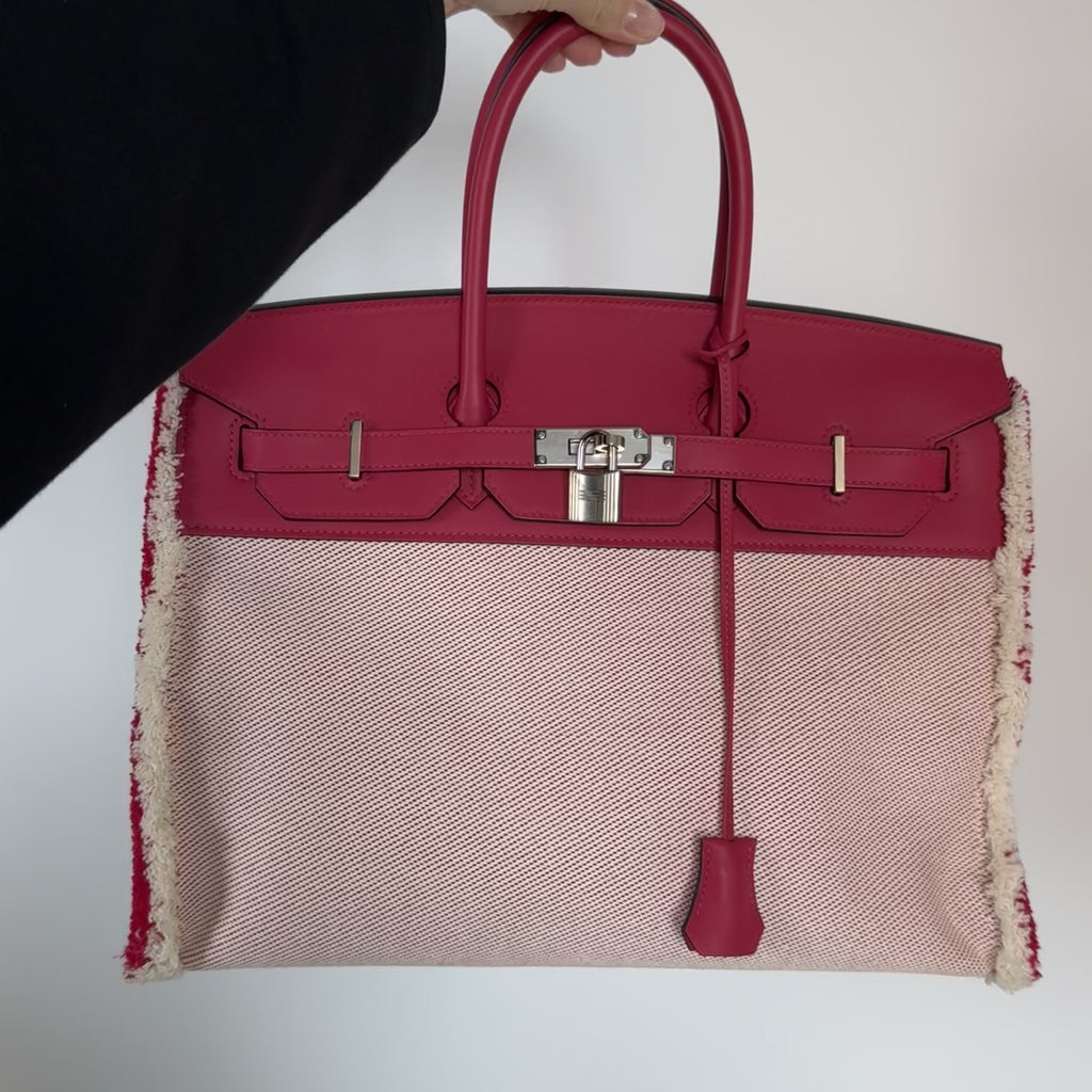 Limited Edition Hermes Framboise Swift and Ecru Toile Fray Fray Birkin 35 PHW Palladium Hardware -  Replica Handbags 