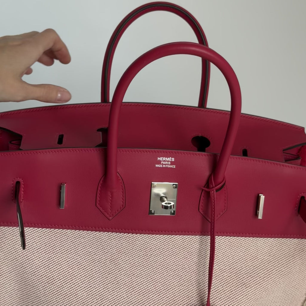 Limited Edition Hermes Framboise Swift and Ecru Toile Fray Fray Birkin 35 PHW Palladium Hardware -  Replica Handbags 
