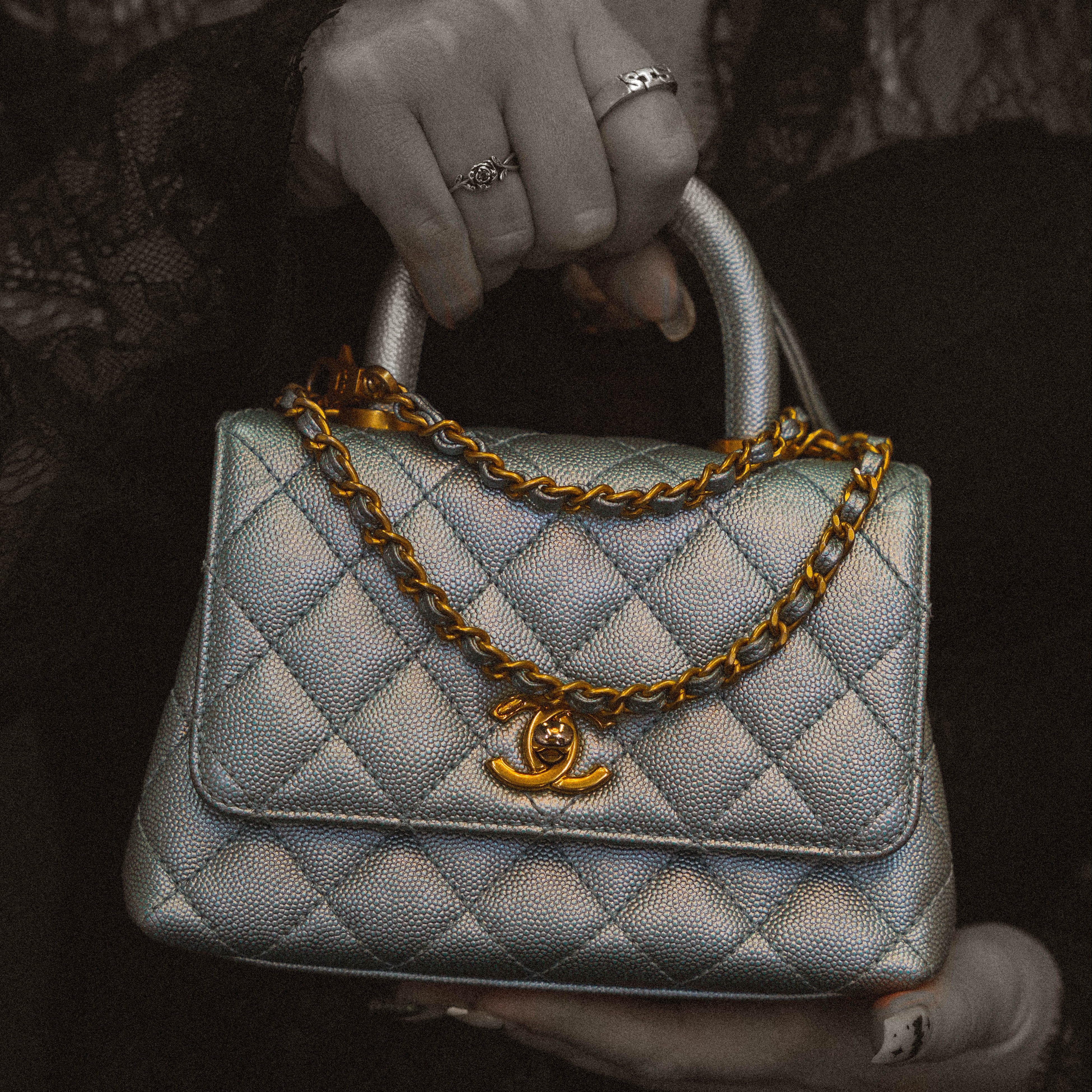 Chanel Metallic Caviar Quilted Mini Coco Handle Flap Light Blue - Replica Handbags