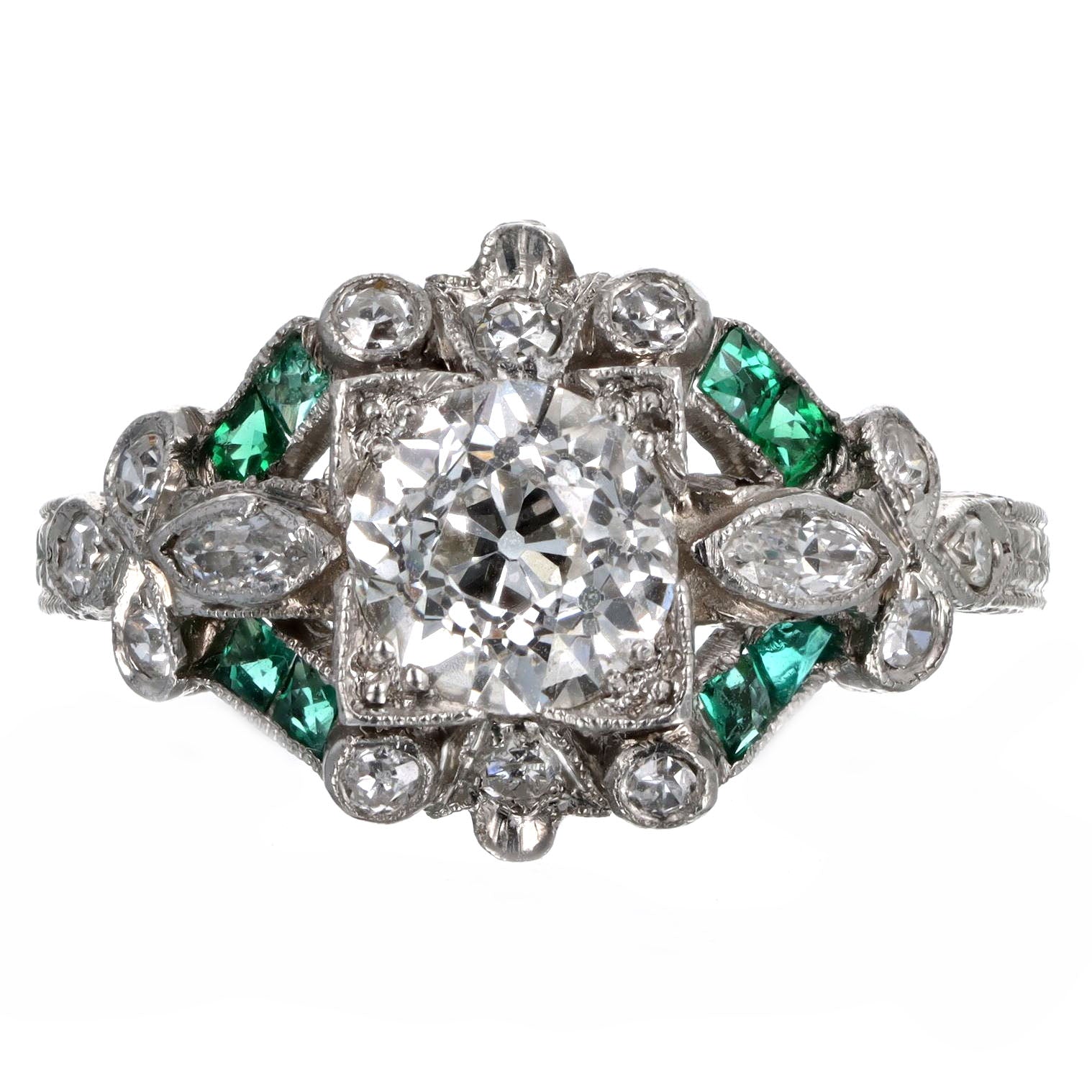 Art Deco Platinum 0.90 Carat Old European Cut Diamond & Natural Emerald Engagement Ring - Replica Handbags