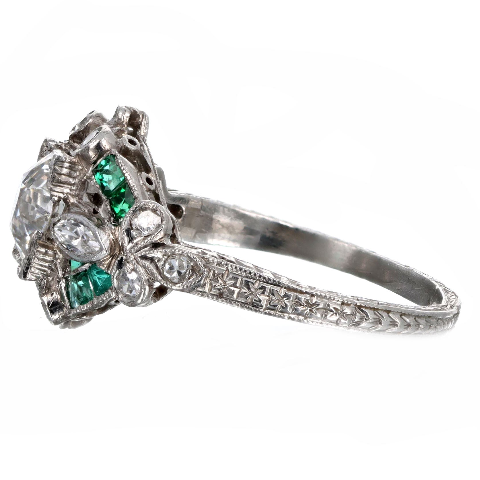 Art Deco Platinum 0.90 Carat Old European Cut Diamond & Natural Emerald Engagement Ring - Replica Handbags