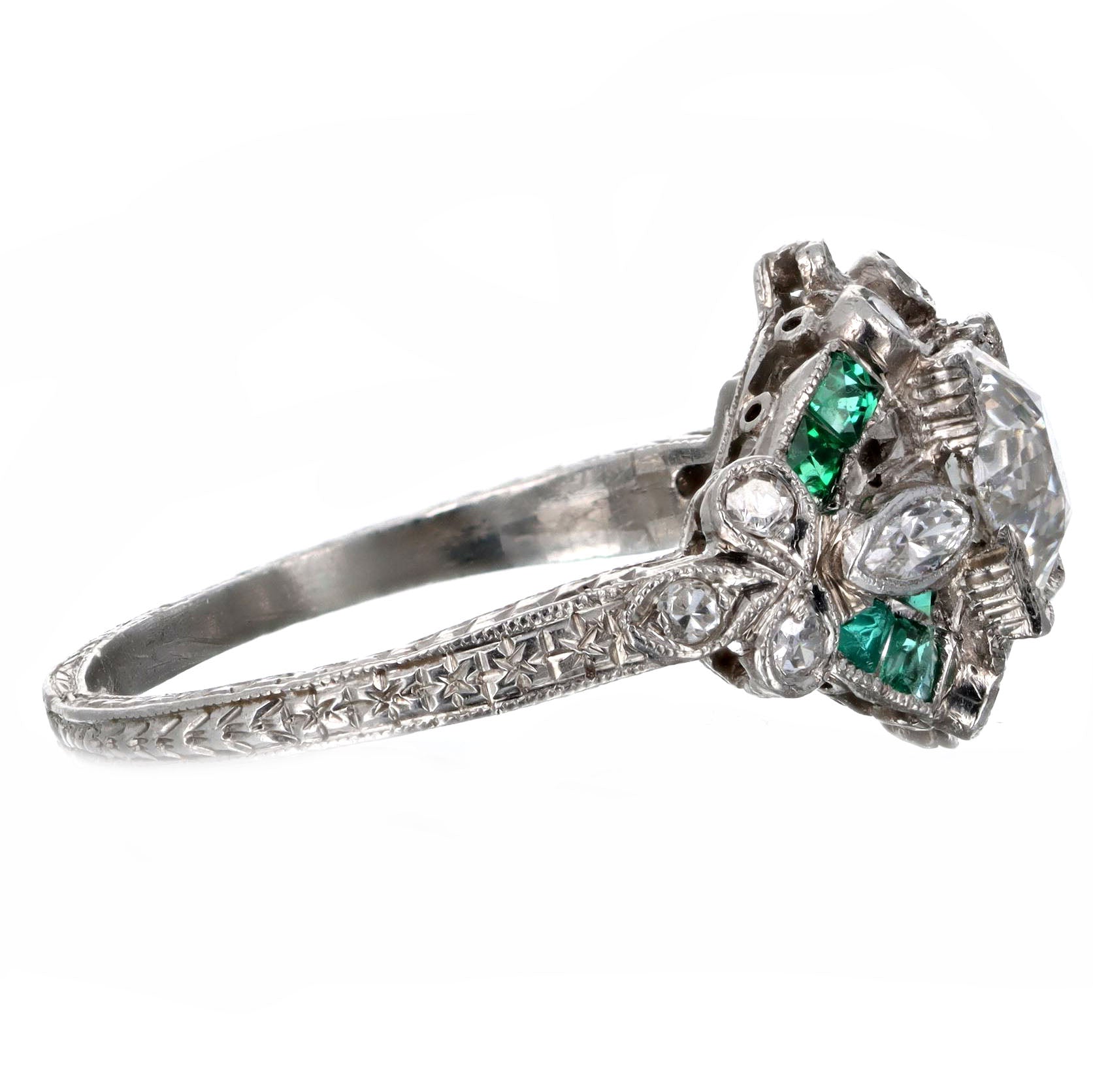 Art Deco Platinum 0.90 Carat Old European Cut Diamond & Natural Emerald Engagement Ring - Replica Handbags
