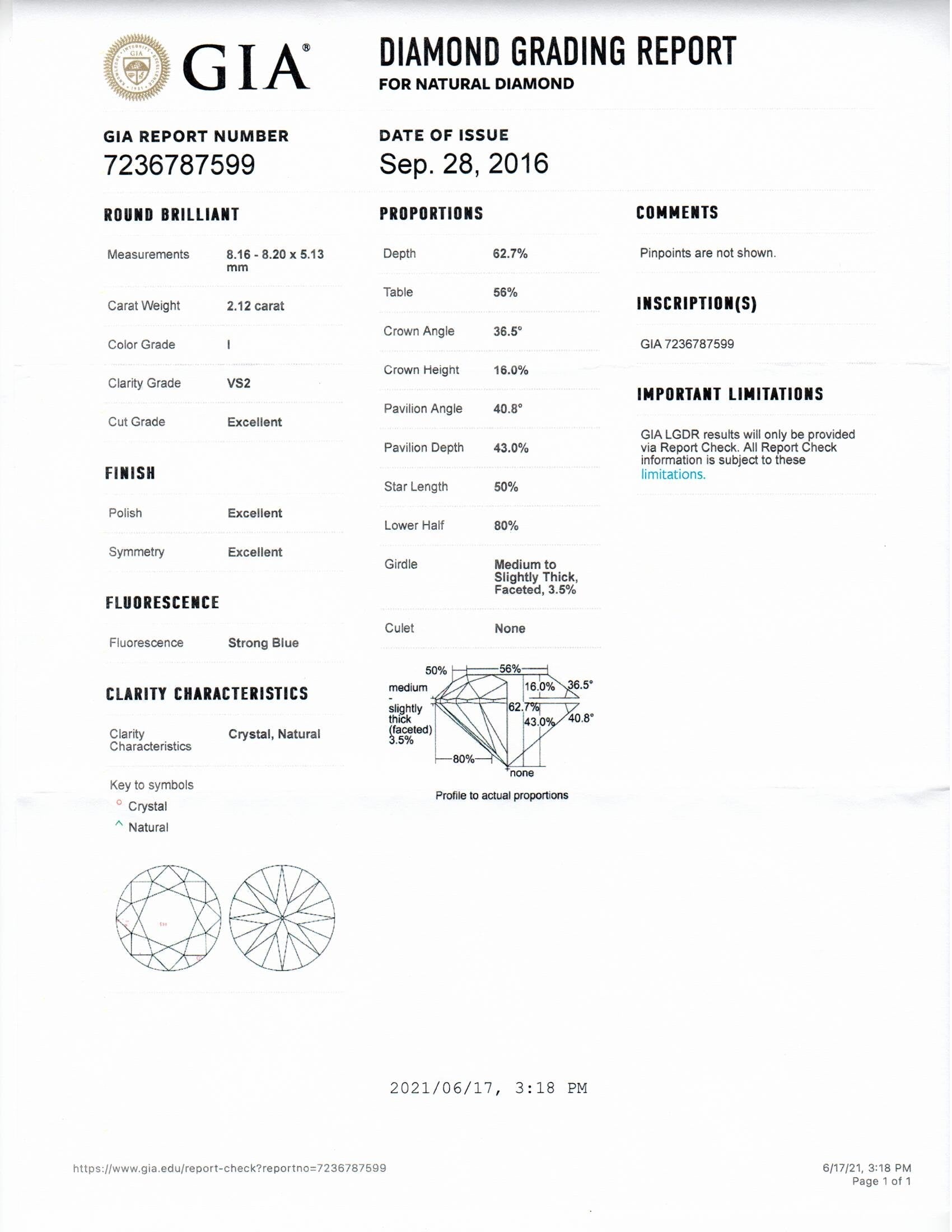 2.12 Carat Round Brilliant Diamond Solitaire Engagement Ring in 18K Yellow Gold & Platinum GIA Certified - Replica Handbags